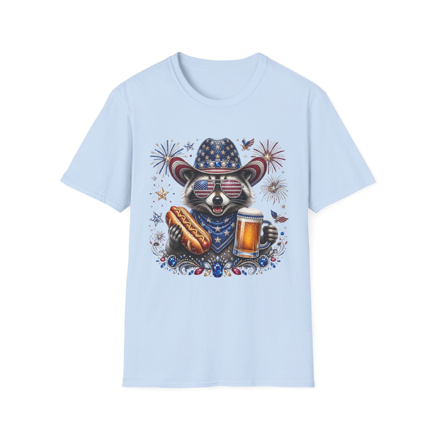 Raccoon Patriotic T-Shirt — USA Flag Hat & Sunglasses Fourth of July Tee