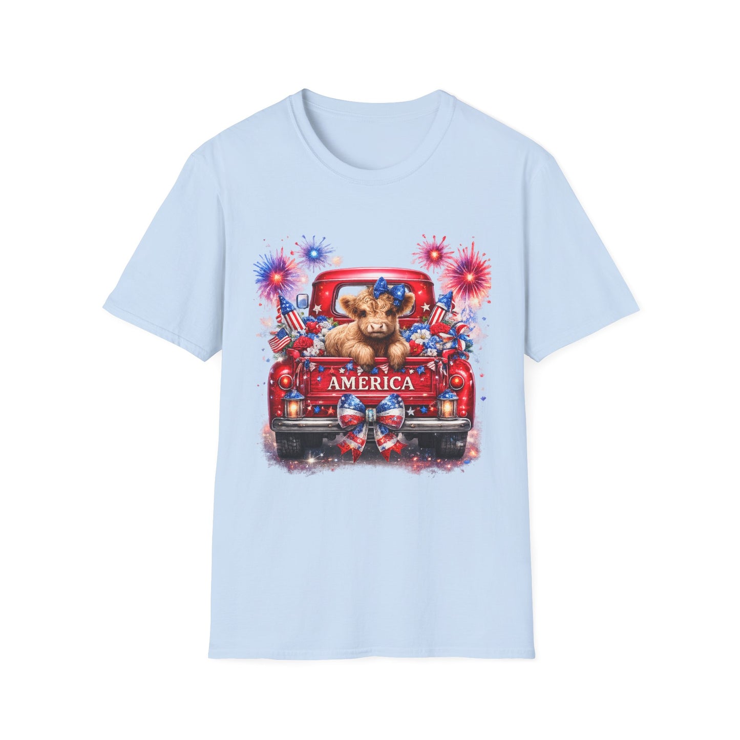 Fourth of July Highland Cow T-Shirt — Cute American Flag Truck Patriotic Tee