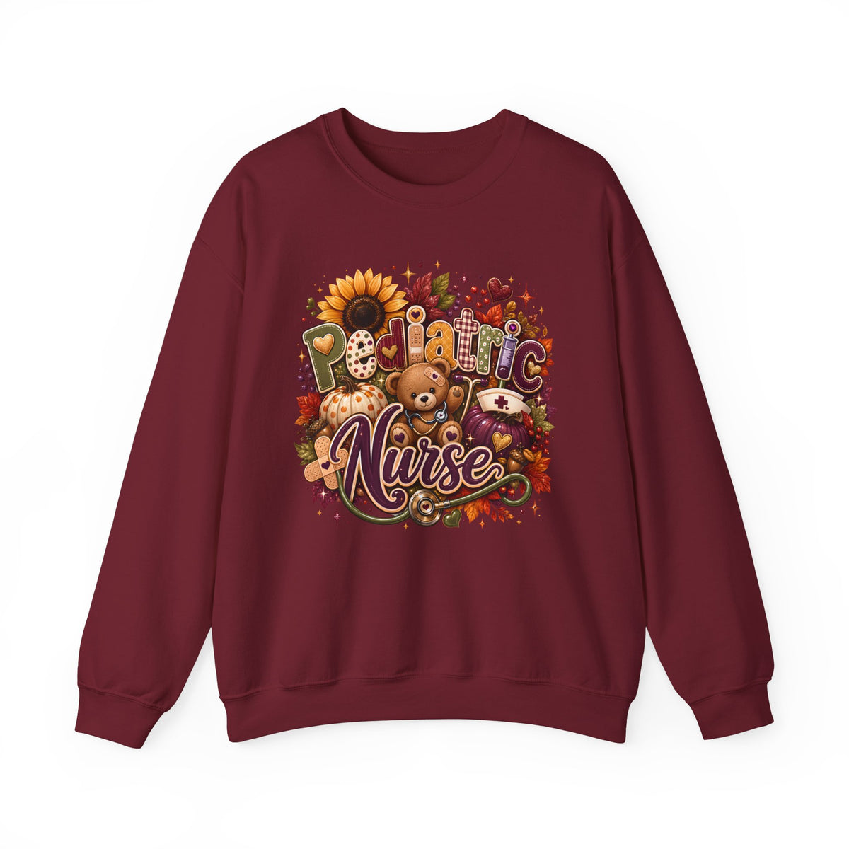 Pediatric Nurse Fall Crewneck Sweatshirt – Cozy Autumn Teddy Bear & Sunflower Design