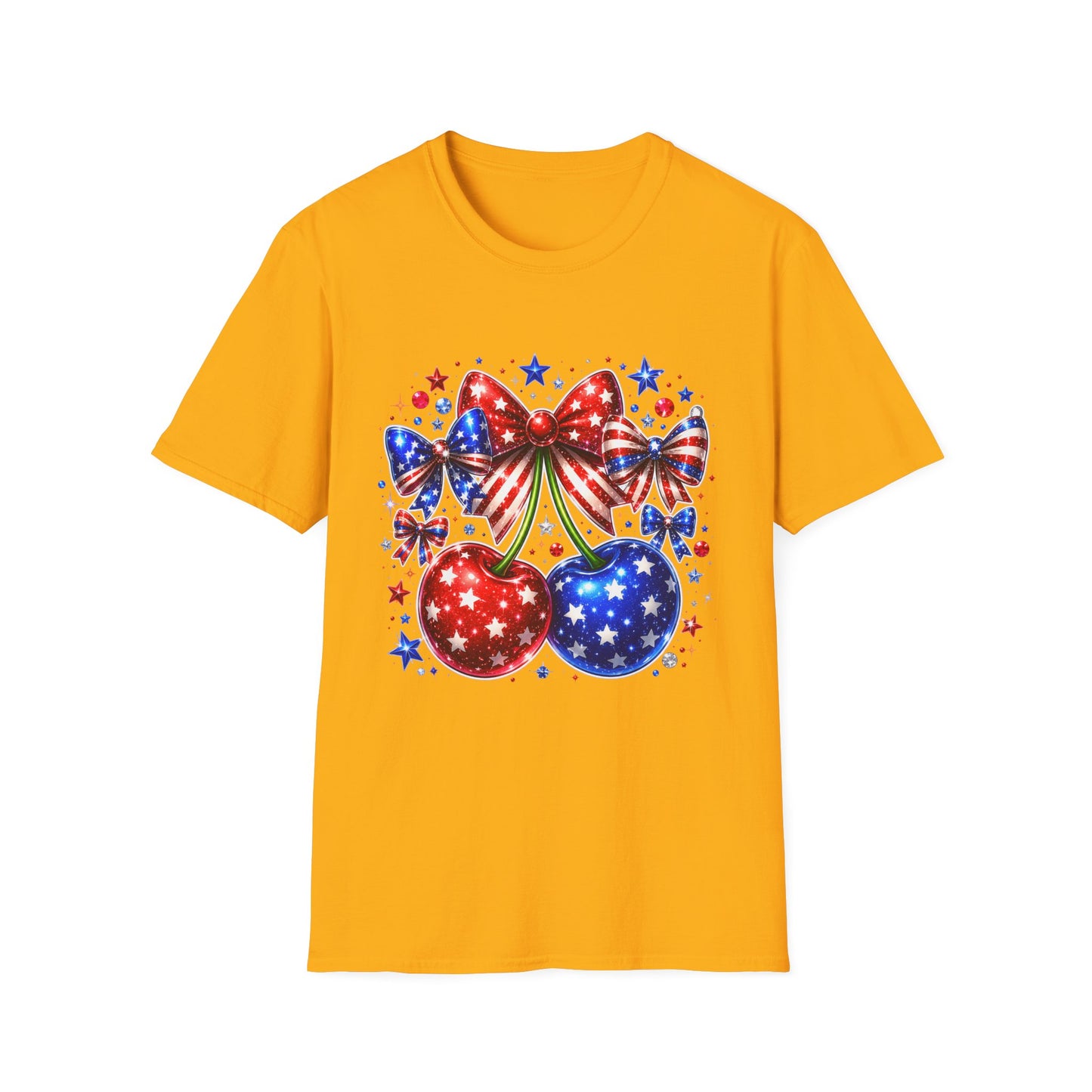 Patriotic Bow & Cherries T-Shirt — American Flag Stars Fourth of July Tee