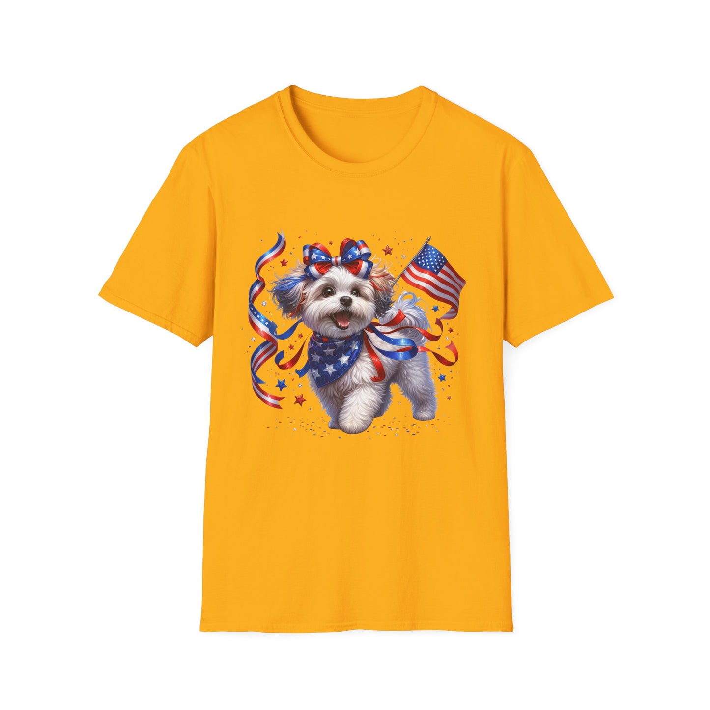 Patriotic Puppy T-Shirt – American Flag Dog with Ribbon Bow (Fourth of July Tee)