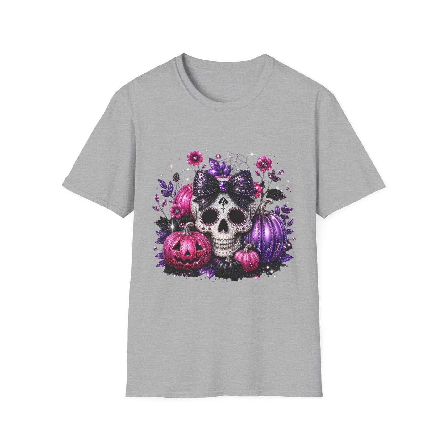 Sugar Skull Halloween T-Shirt — Pink & Purple Floral Skull with Pumpkins