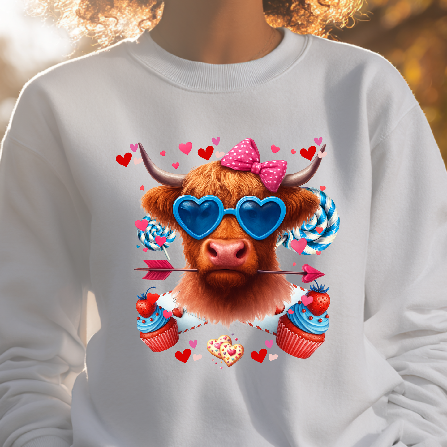 Cow Valentine's Sweatshirt β Cute Cow with Heart Sunglasses & Cupcakes