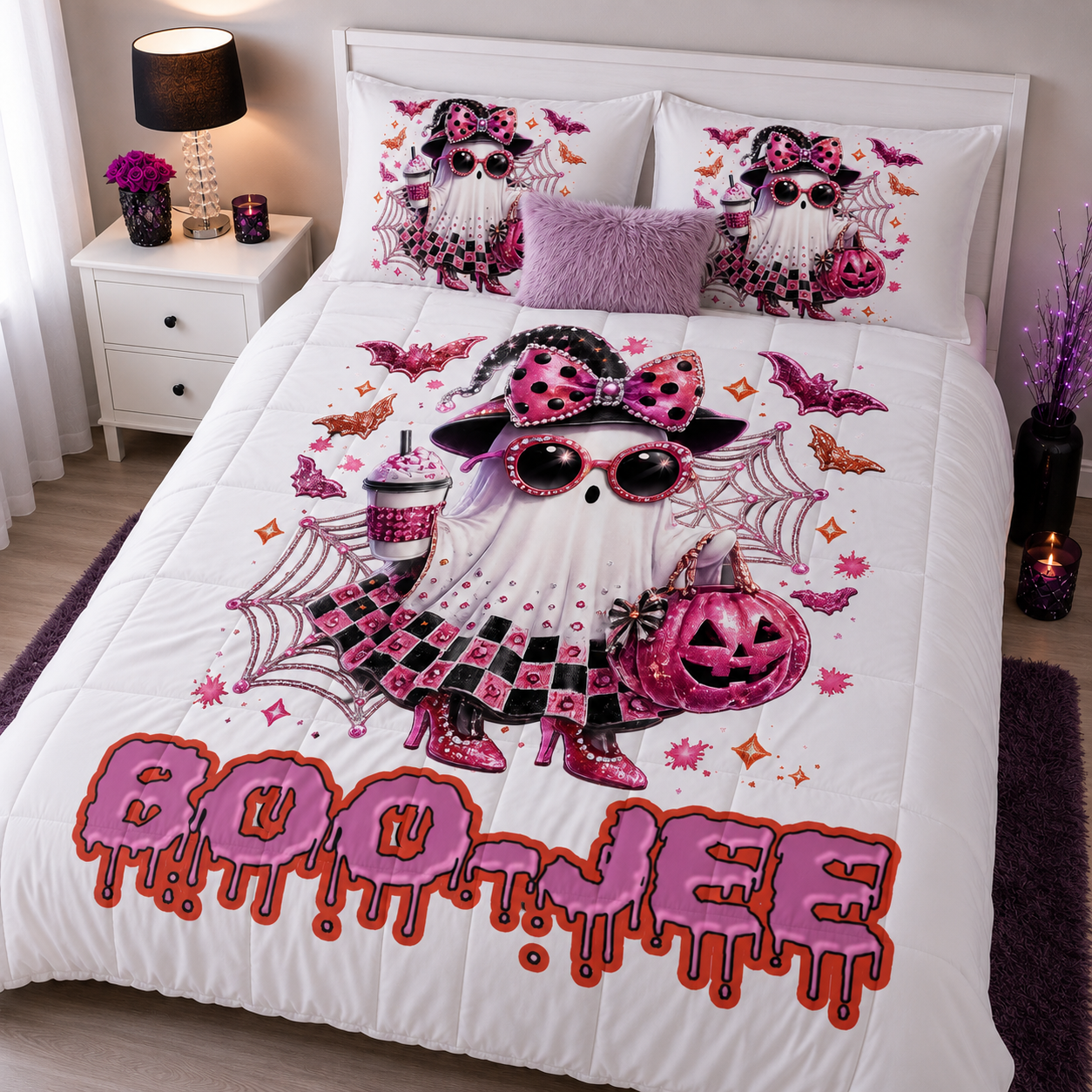 Boo-Jee Glam Comforter — Cute Pink Ghost Halloween Bedding