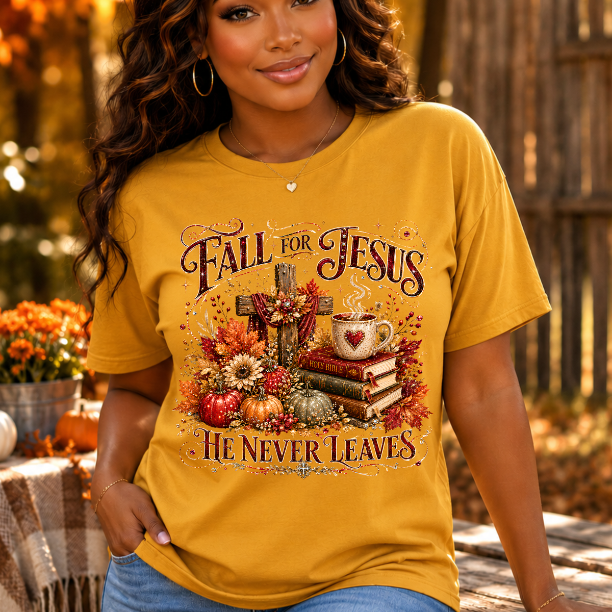 Fall for Jesus Tee — "He Never Leaves" Autumn Christian T-Shirt