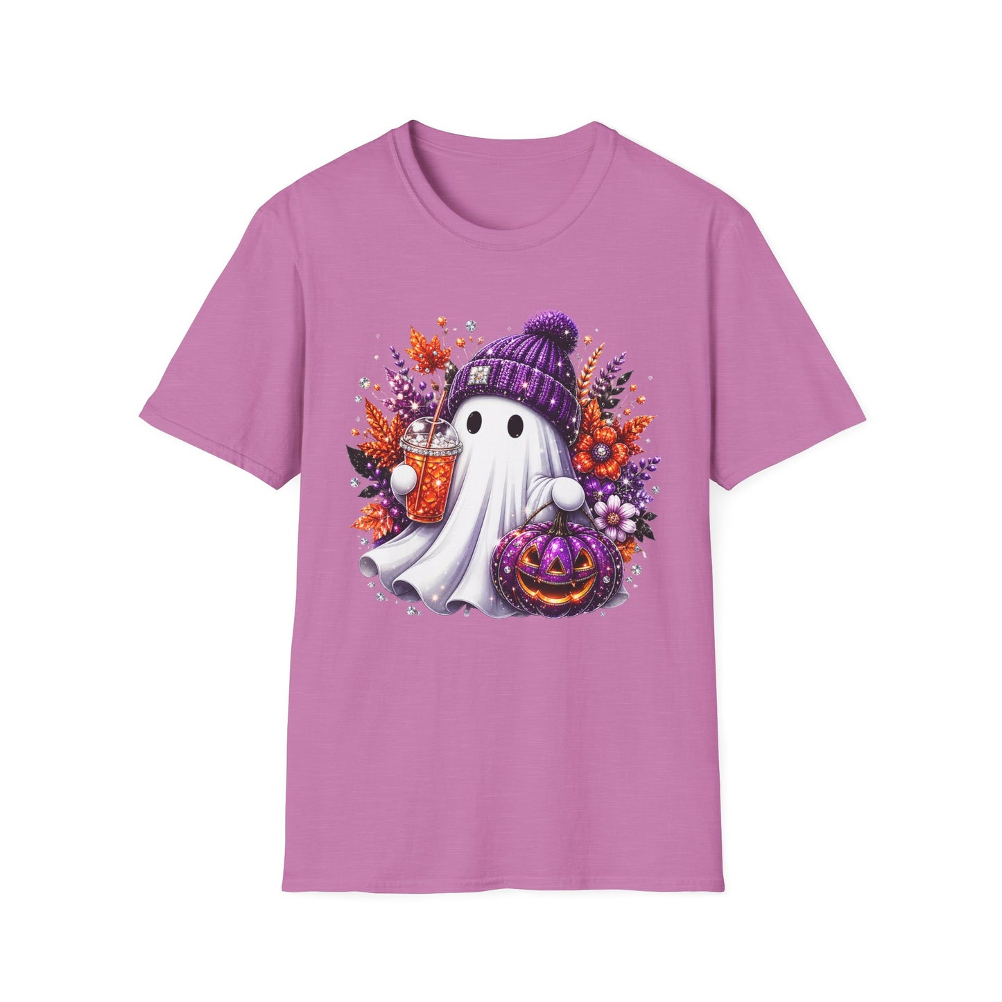 Ghost with Beanie Halloween T-Shirt – Cute Cozy Ghost Holding Pumpkin & Drink