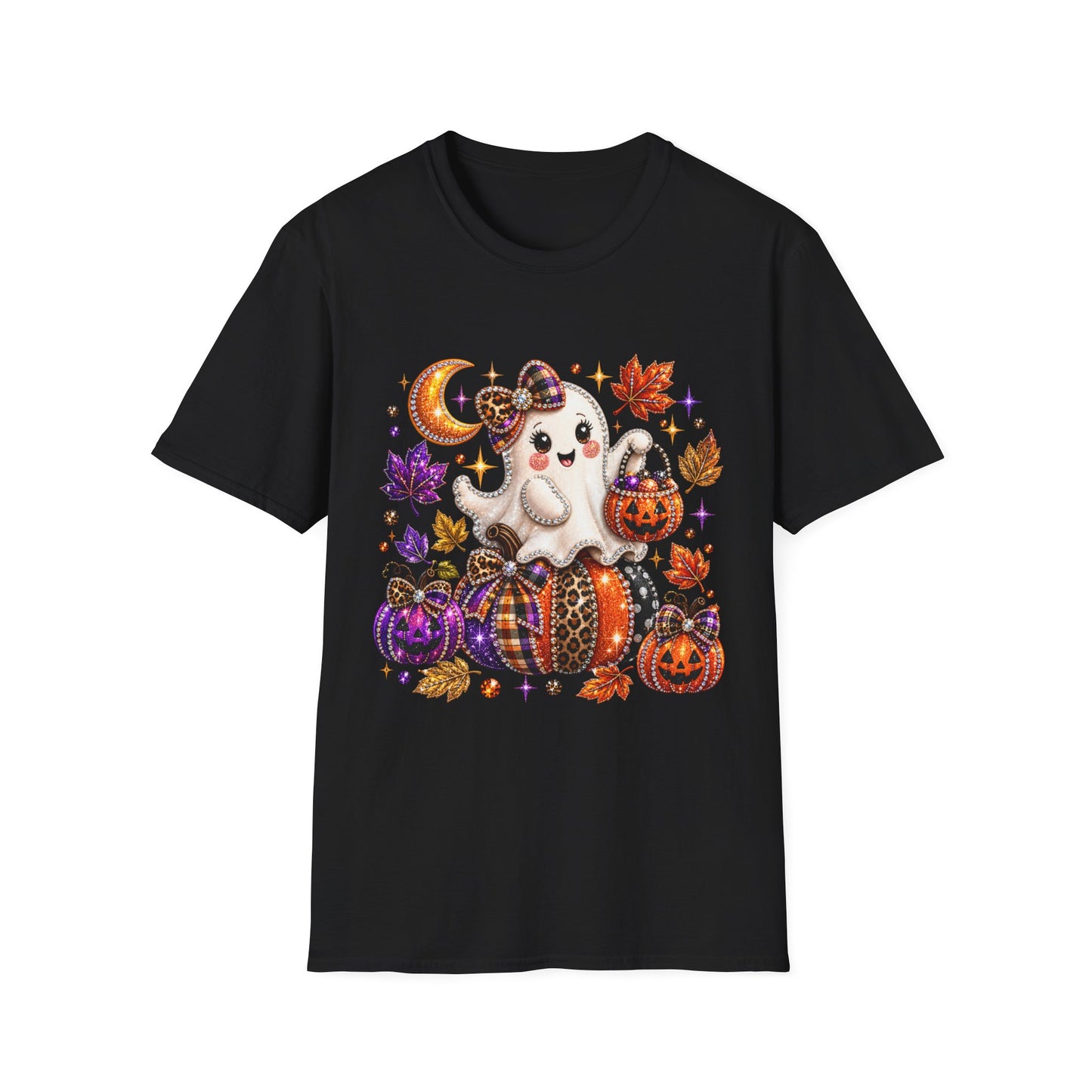 Cute Halloween Ghost T-Shirt — Trick-or-Treat Pumpkin & Autumn Leaves Tee