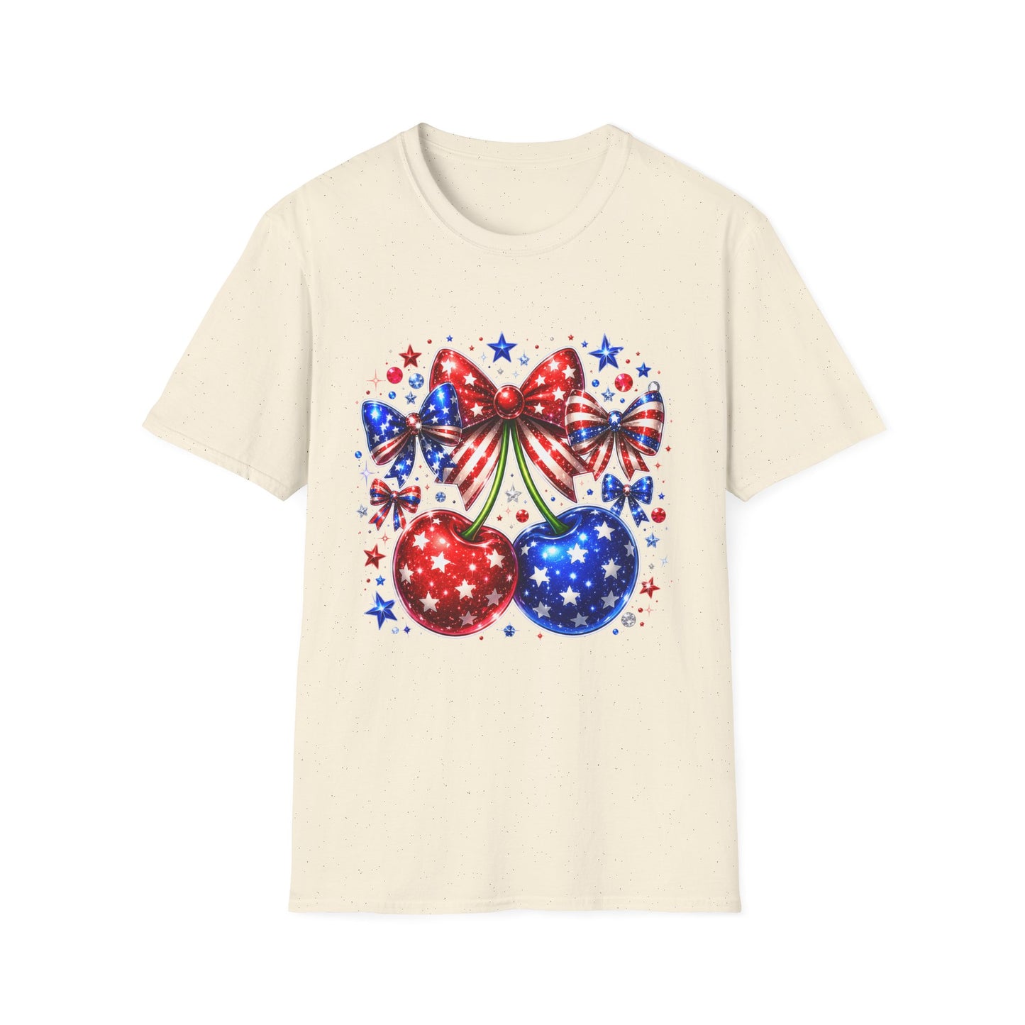 Patriotic Bow & Cherries T-Shirt — American Flag Stars Fourth of July Tee