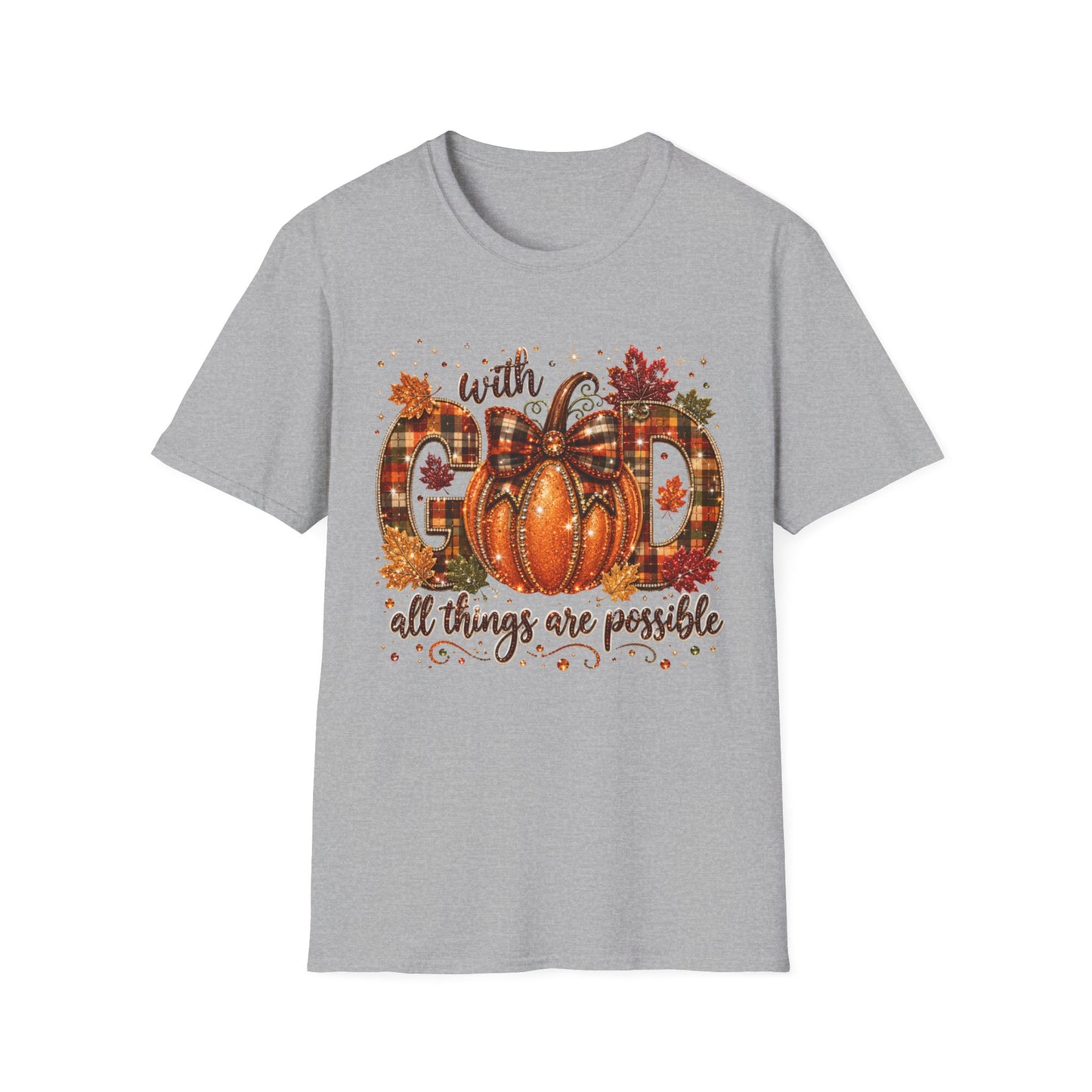 With God All Things Are Possible Pumpkin T‑Shirt — Fall Plaid Pumpkin Faith Tee