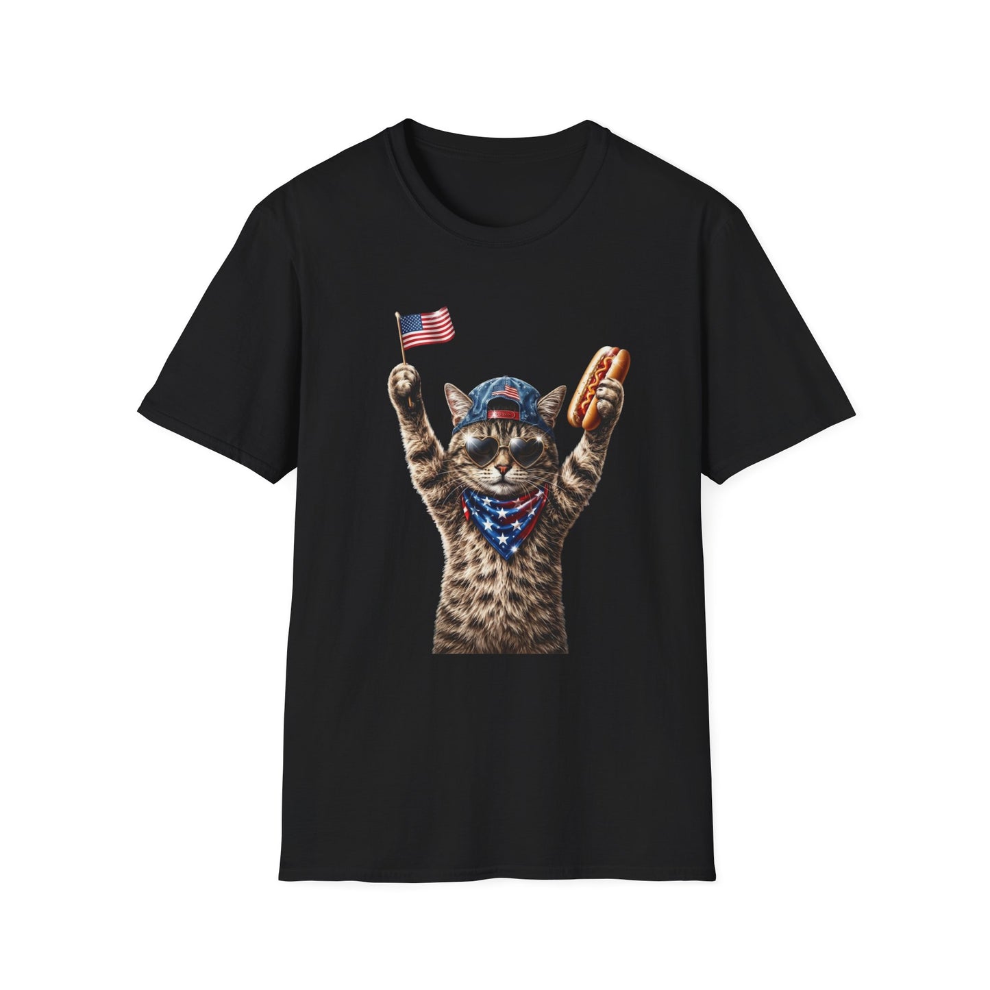 Patriotic Cat T-Shirt — Cat Waving Flag & Hot Dog Graphic