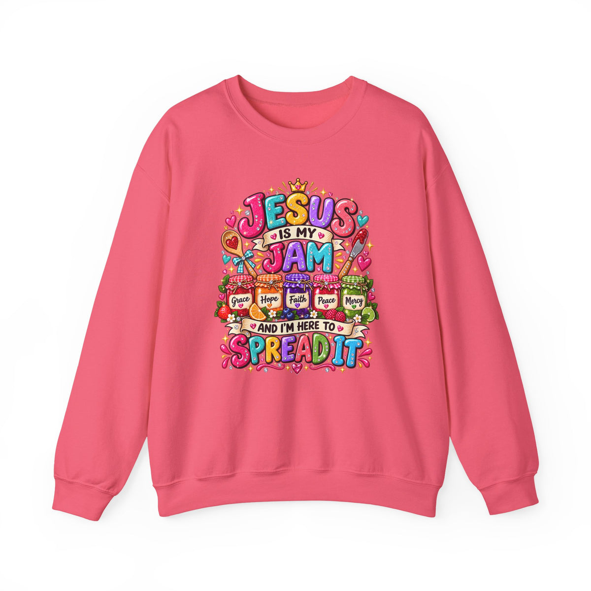 Crewneck Sweatshirt — "Jesus Is My Jam" Colorful Christian Graphic