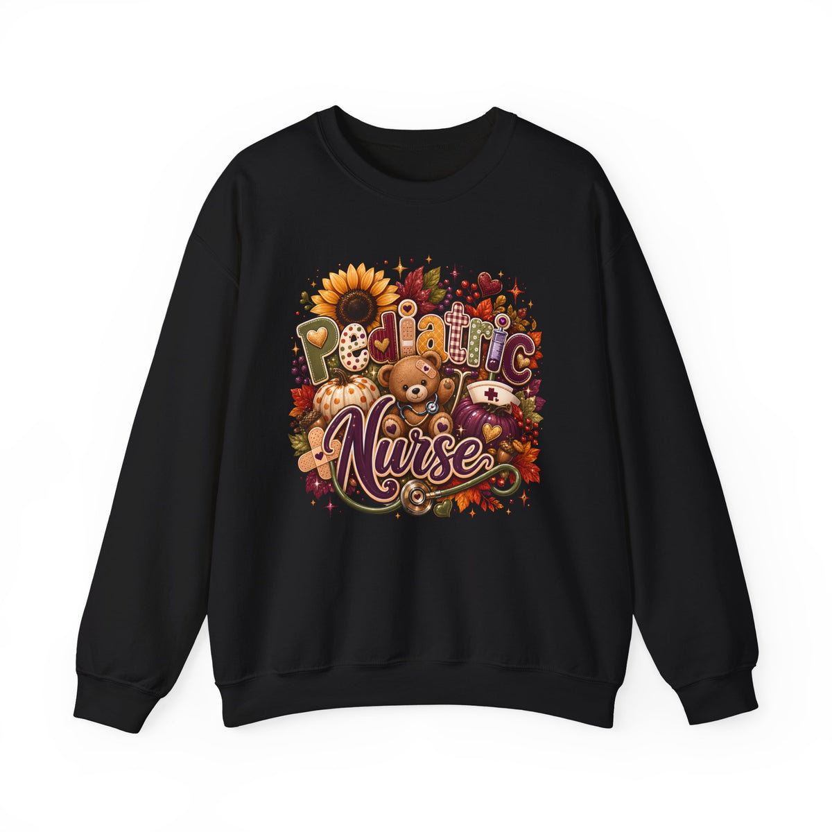 Pediatric Nurse Fall Crewneck Sweatshirt – Cozy Autumn Teddy Bear & Sunflower Design