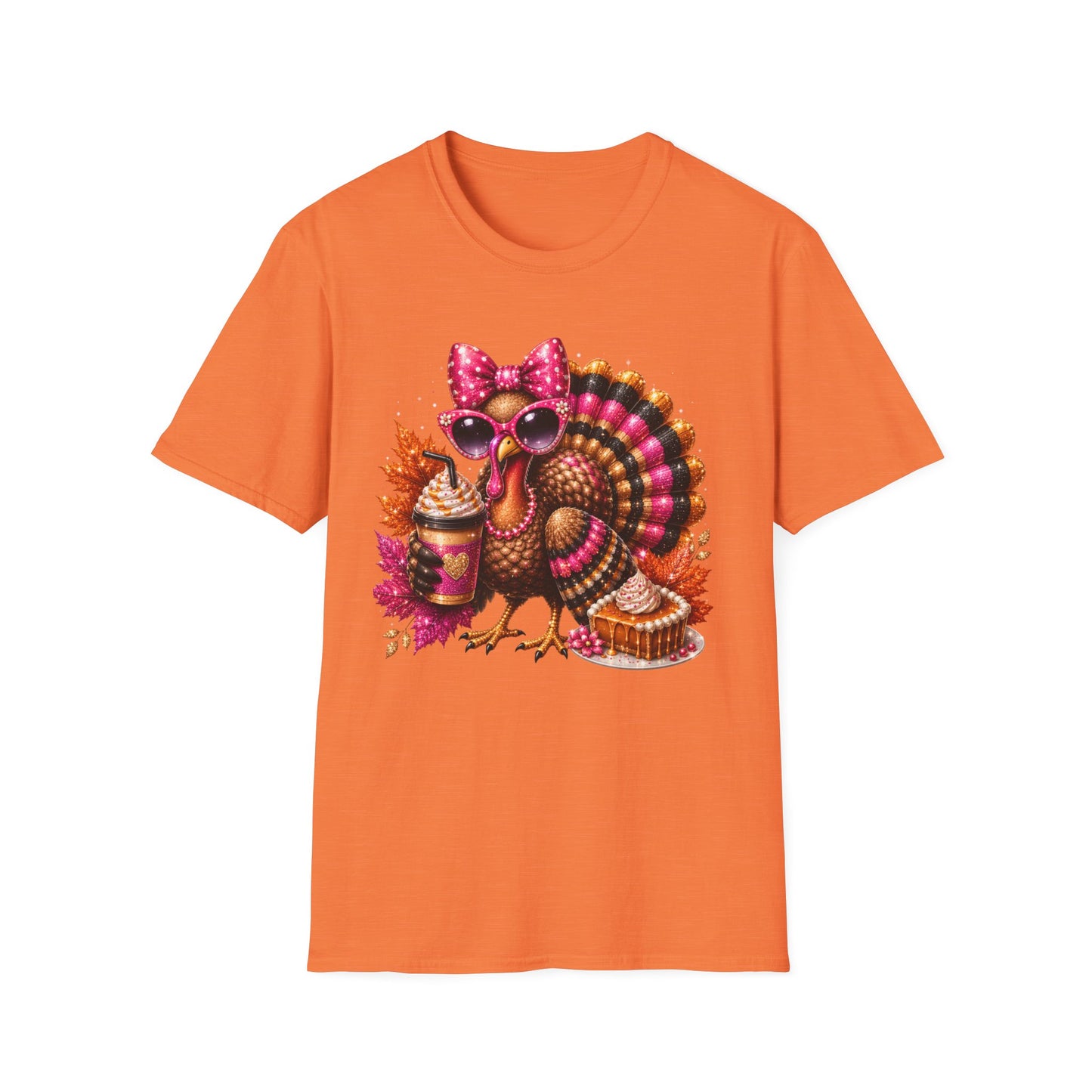 Cute Thanksgiving Turkey T-Shirt — Pink Bow, Sunglasses & Pumpkin Spice Design