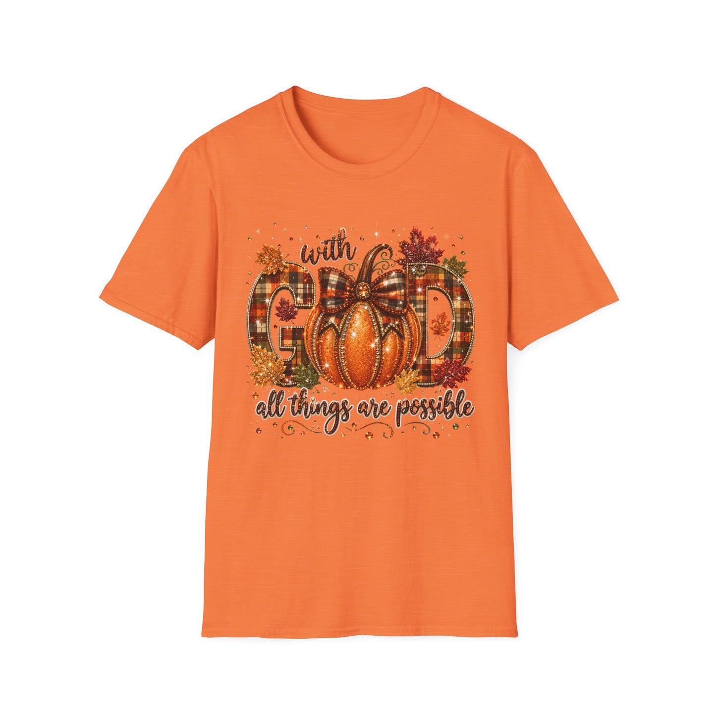 With God All Things Are Possible Pumpkin T‑Shirt — Fall Plaid Pumpkin Faith Tee
