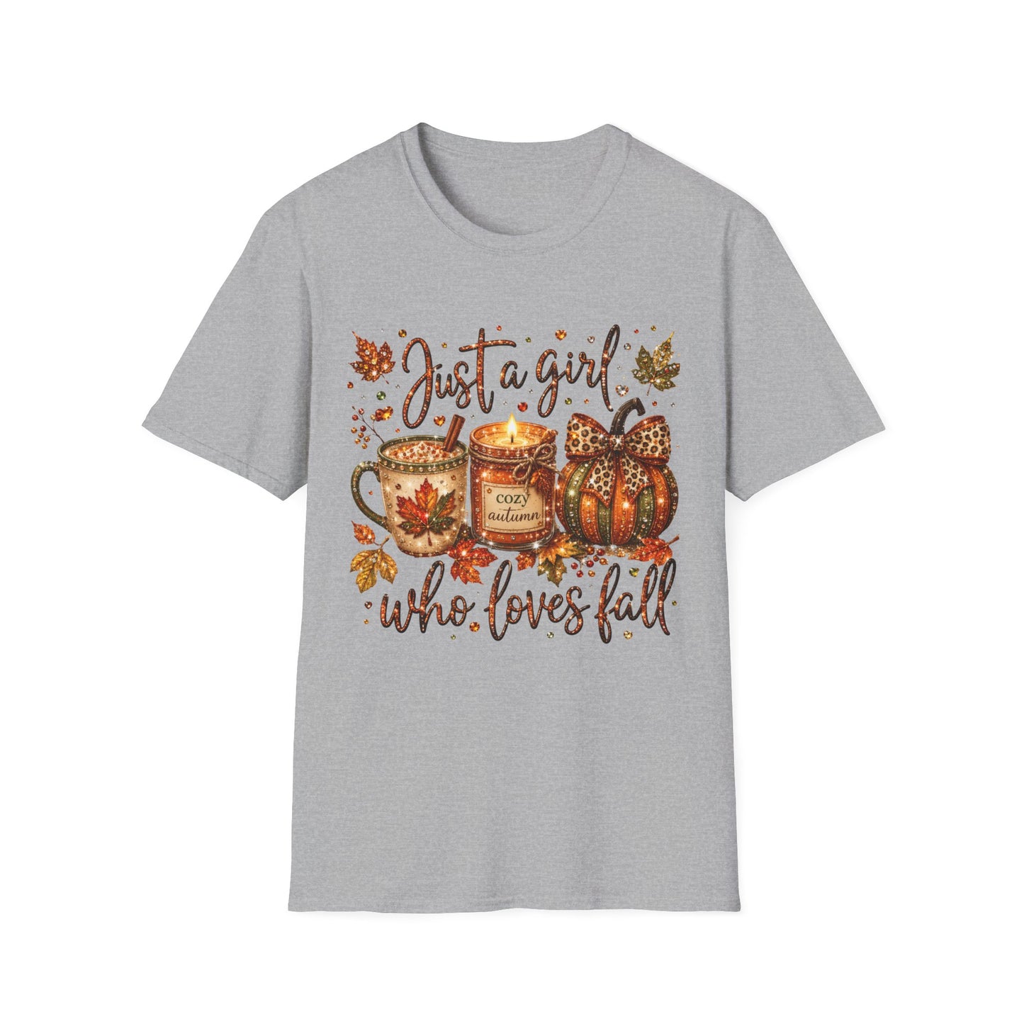 Just a Girl Who Loves Fall T-Shirt — Autumn Pumpkin & Cozy Mug Tee
