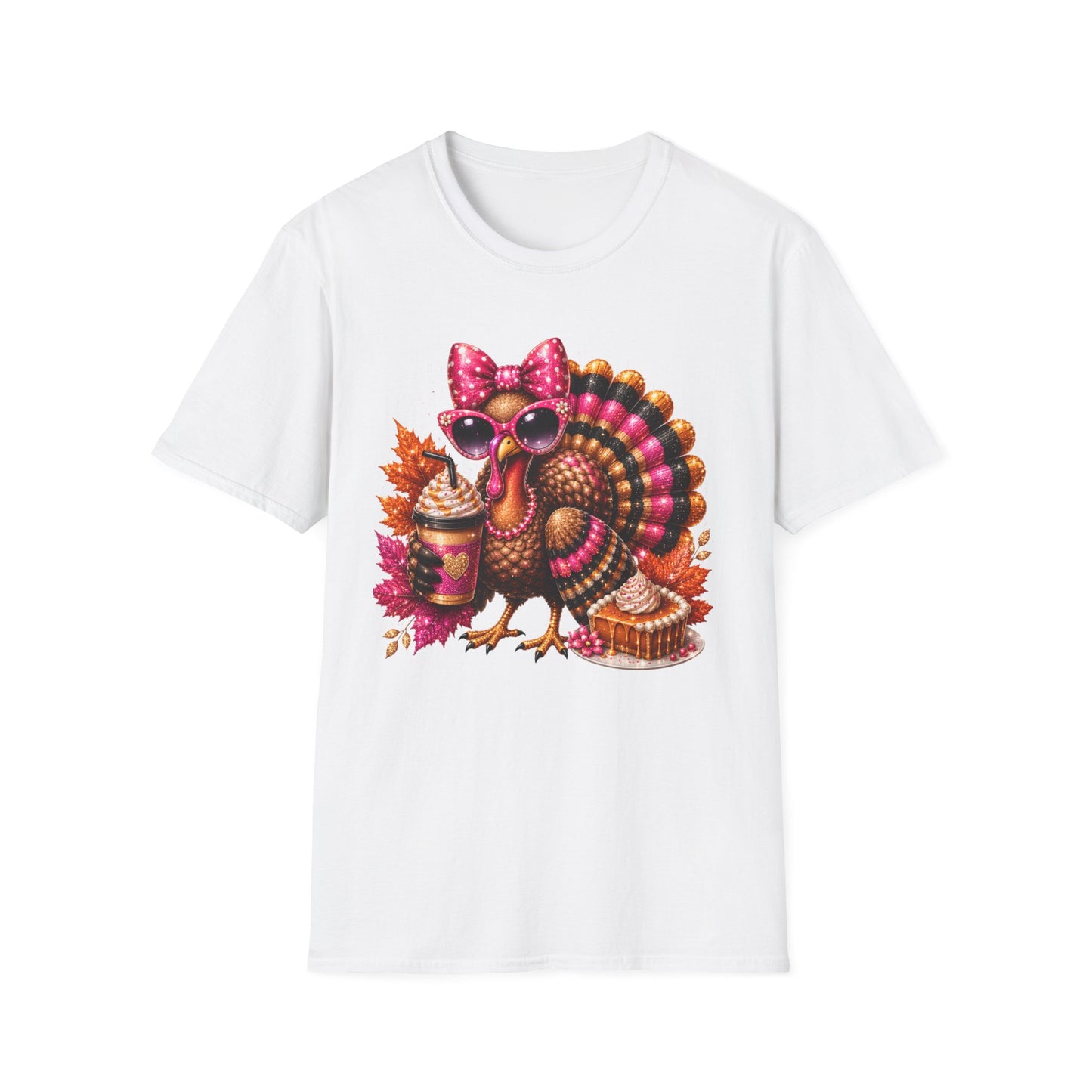 Cute Thanksgiving Turkey T-Shirt — Pink Bow, Sunglasses & Pumpkin Spice Design