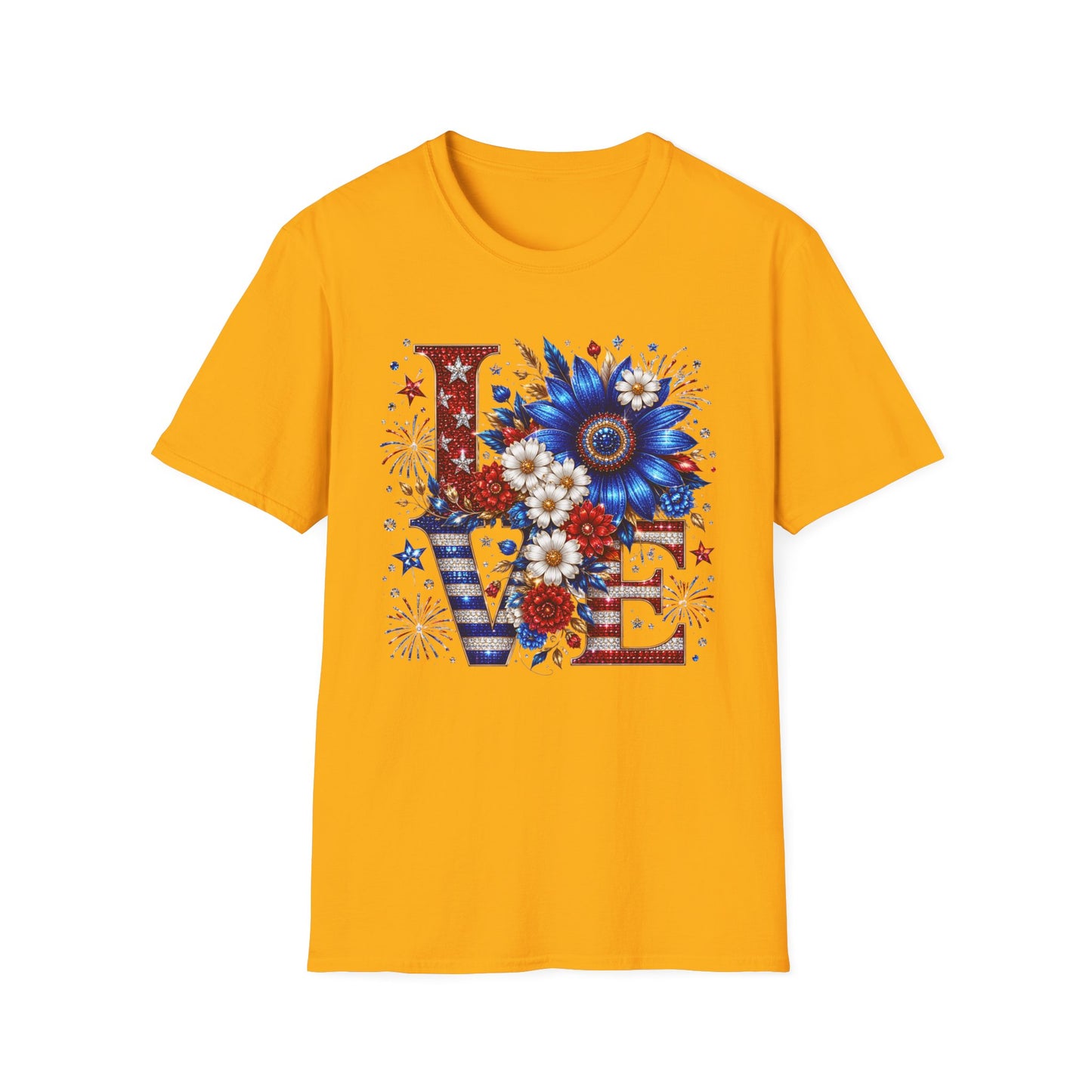 Patriotic 'LOVE' Floral T-Shirt — Red, White & Blue Sunflower Design
