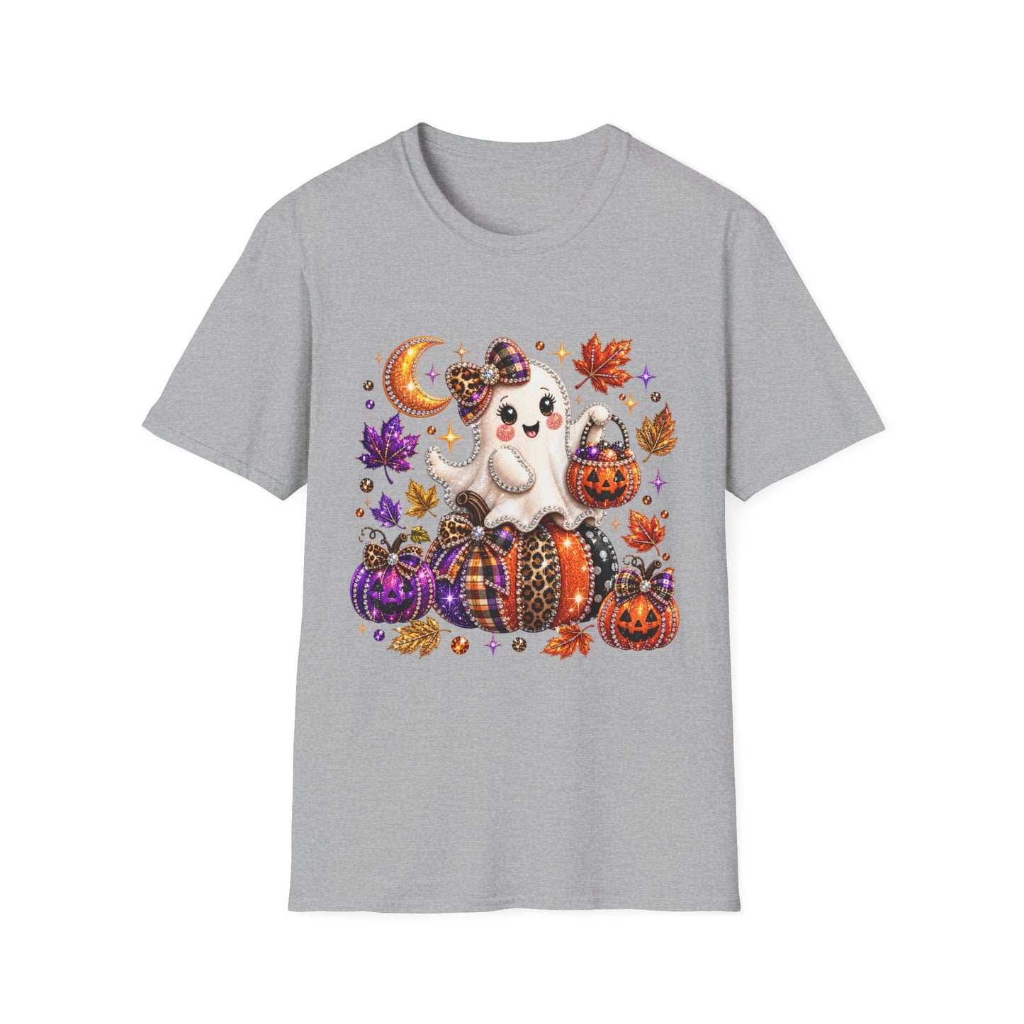 Cute Halloween Ghost T-Shirt — Trick-or-Treat Pumpkin & Autumn Leaves Tee