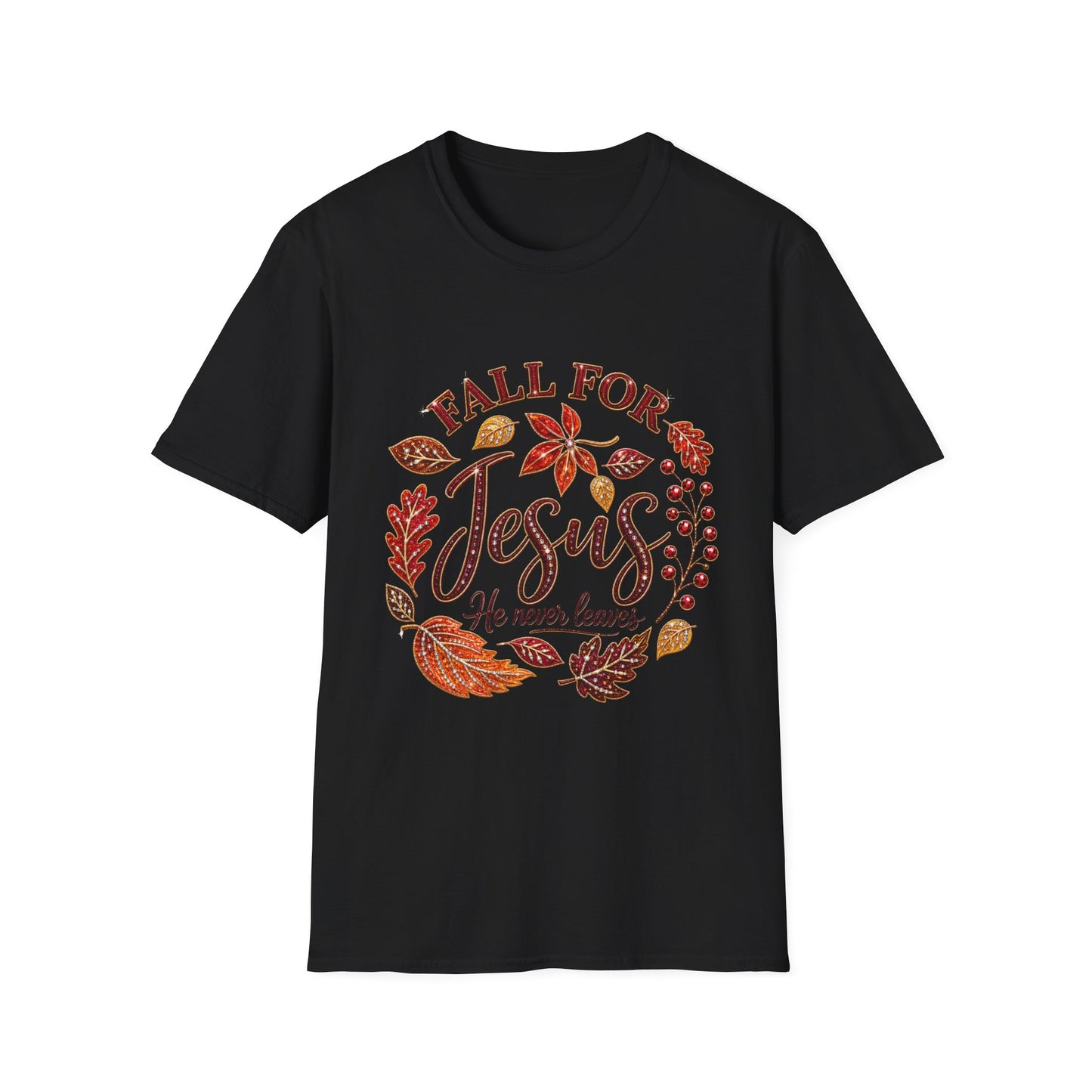 Fall For Jesus T-Shirt – Autumn Leaves Christian Tee (He Never Leaves)