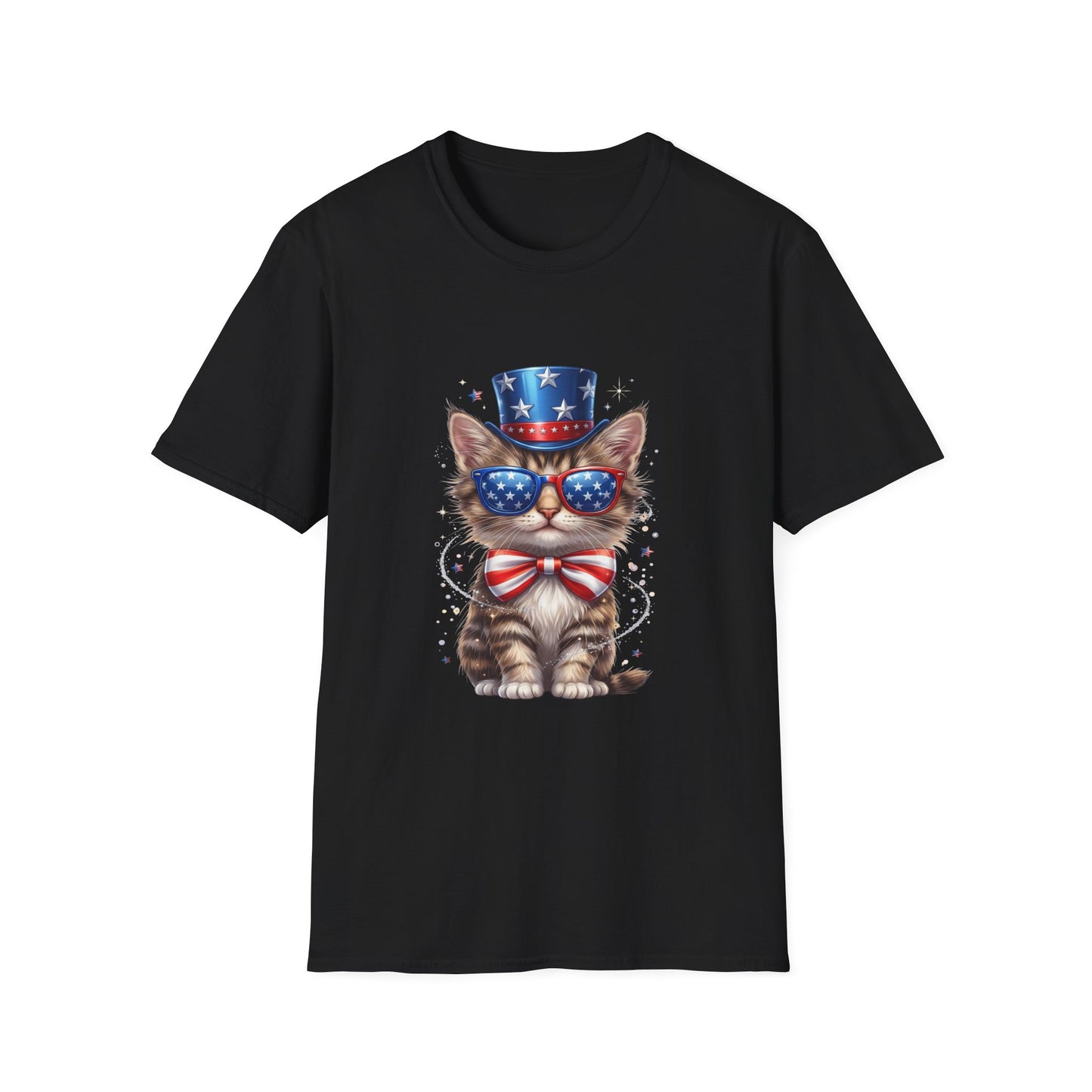 Patriotic Cat T-Shirt — USA Flag Top Hat & Sunglasses 4th of July Tee
