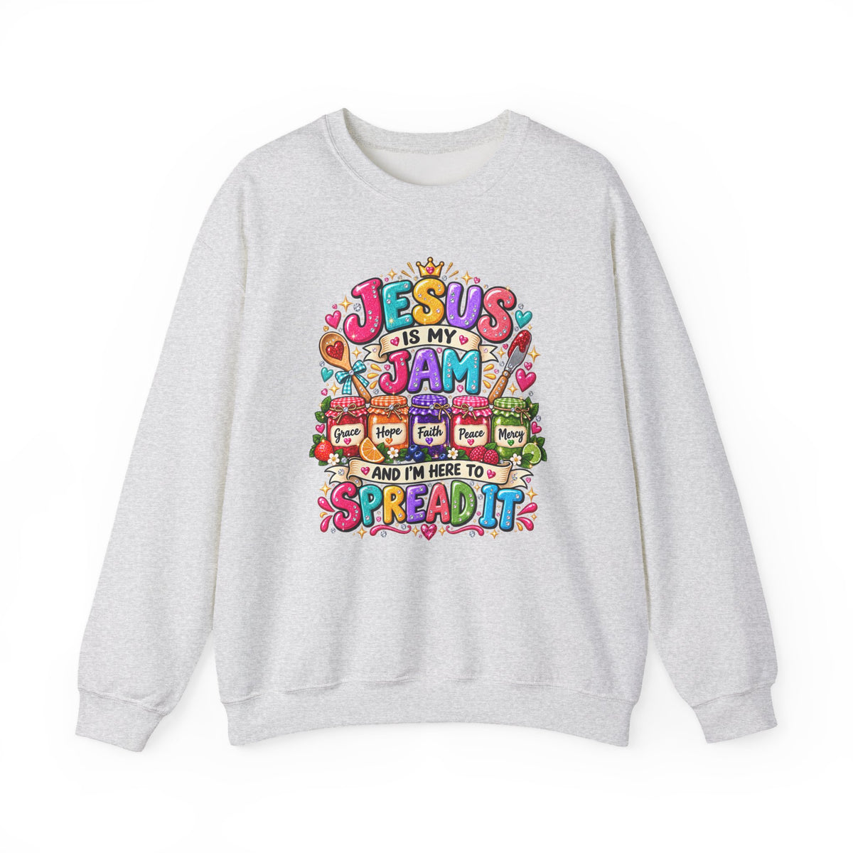 Crewneck Sweatshirt — "Jesus Is My Jam" Colorful Christian Graphic