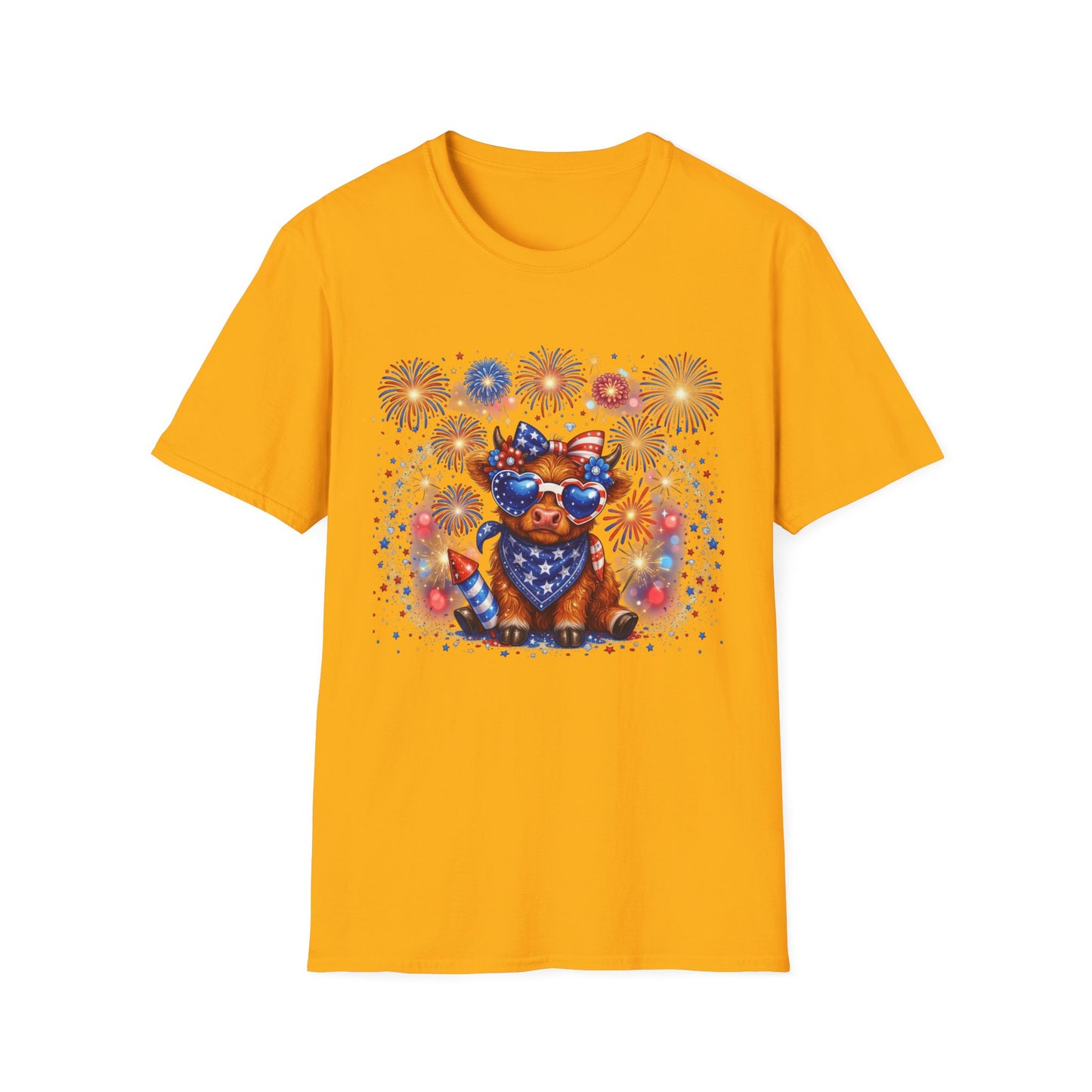 Cow Cute Fourth of July T-Shirt — Patriotic Cow with Stars, Bandana & Fireworks