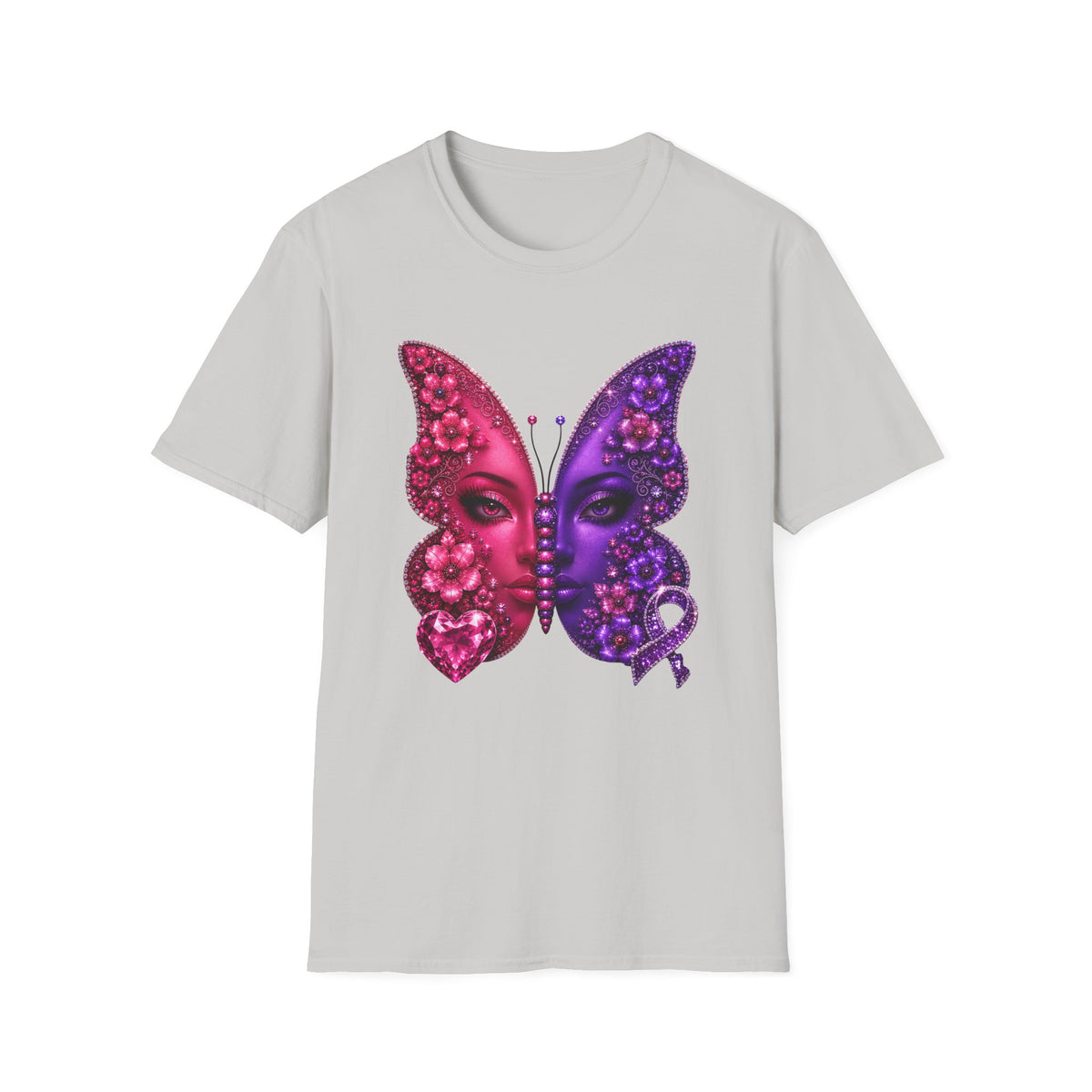 Butterfly Face T-Shirt — Purple Pink Floral Dual-Face Graphic Tee