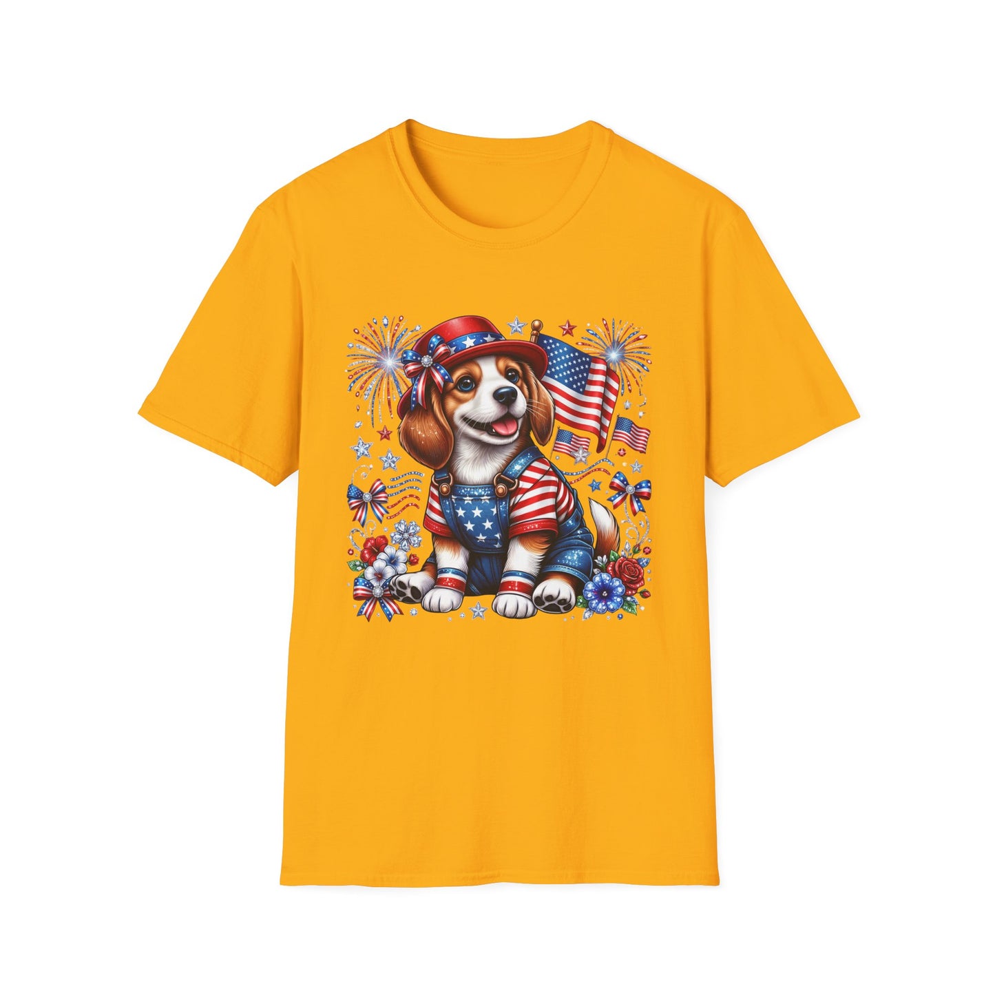 Patriotic Beagle T-Shirt — American Flag, Fireworks & Stars 4th of July Tee