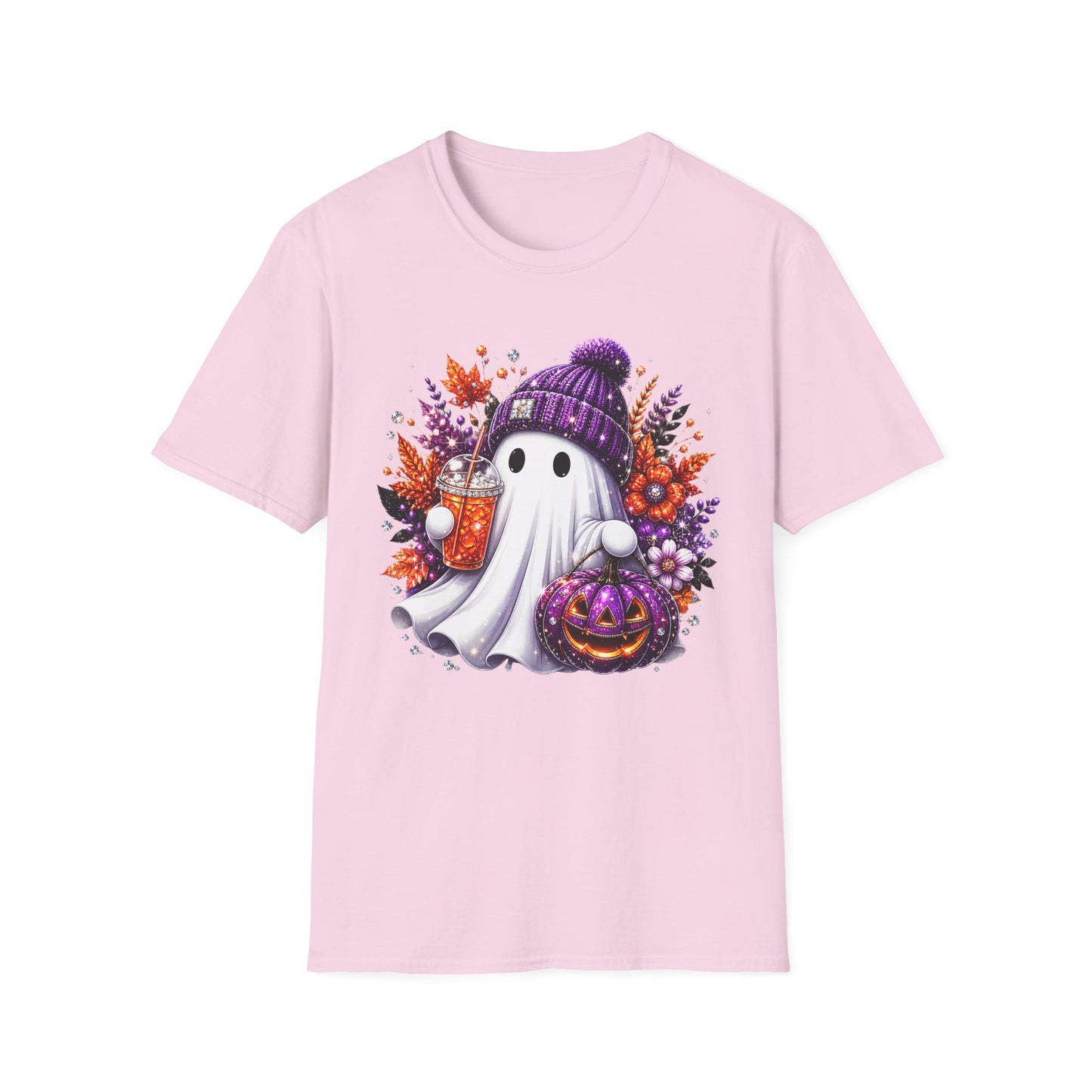 Ghost with Beanie Halloween T-Shirt – Cute Cozy Ghost Holding Pumpkin & Drink