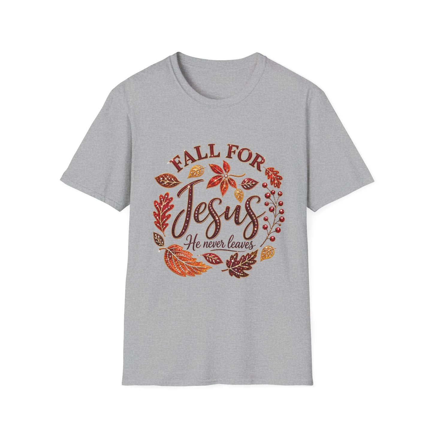 Fall For Jesus T-Shirt – Autumn Leaves Christian Tee (He Never Leaves)