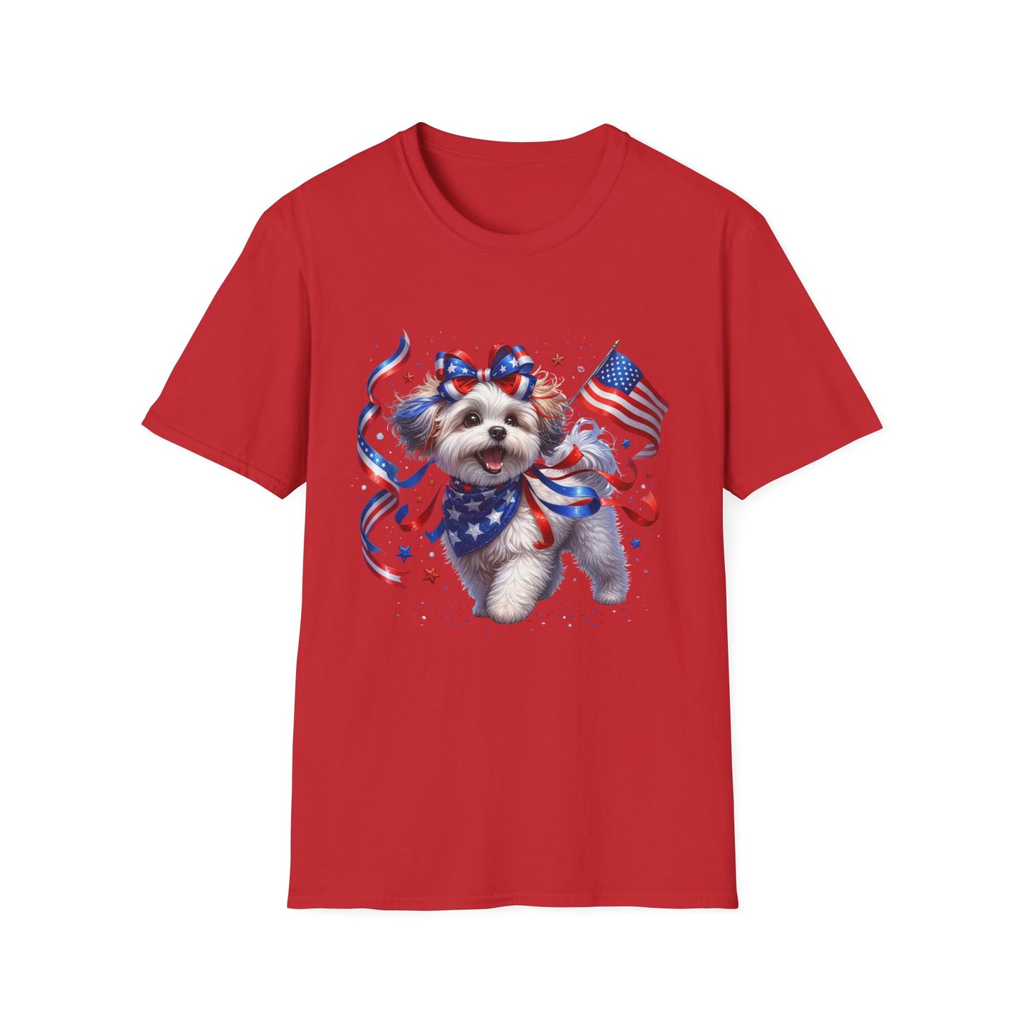 Patriotic Puppy T-Shirt – American Flag Dog with Ribbon Bow (Fourth of July Tee)