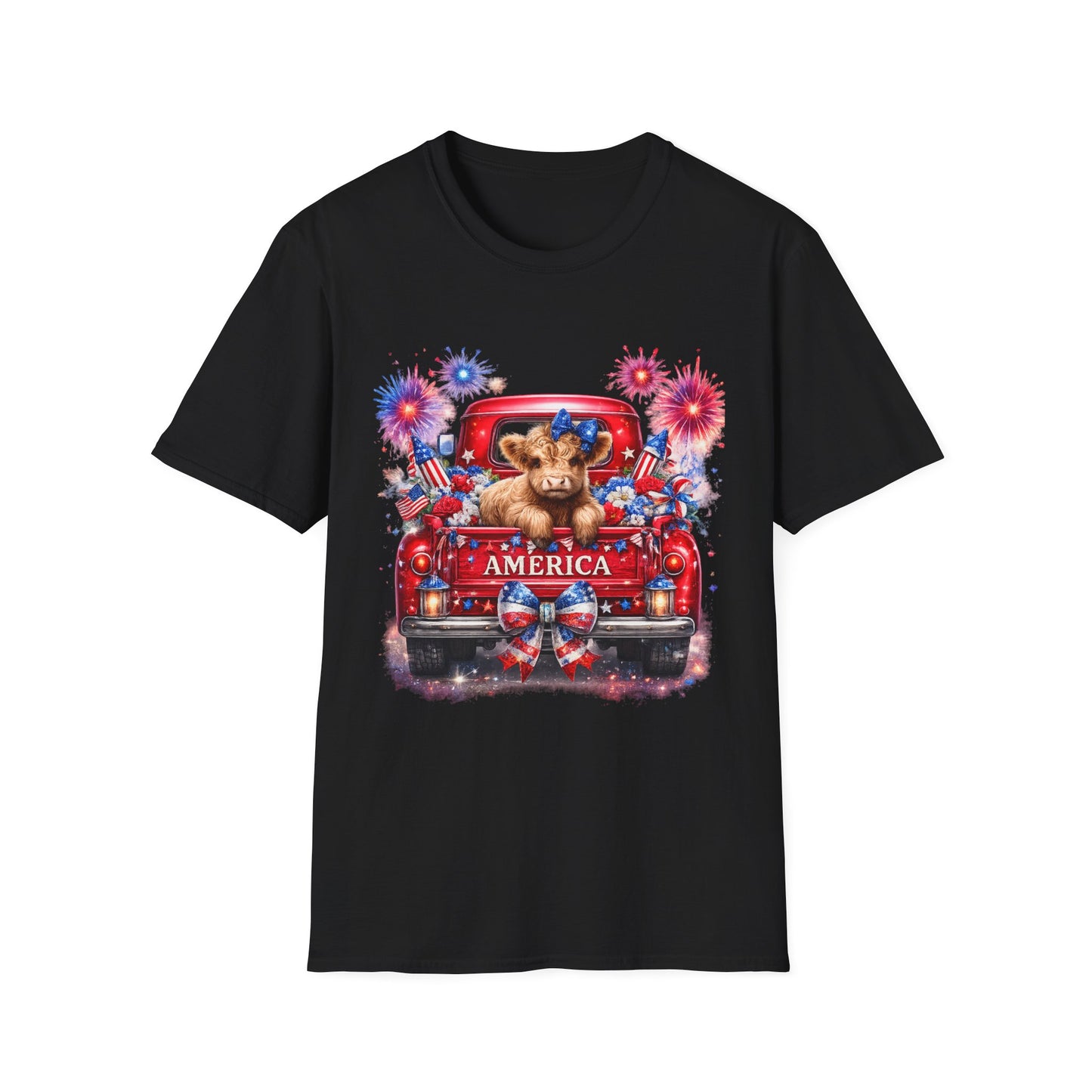 Fourth of July Highland Cow T-Shirt — Cute American Flag Truck Patriotic Tee