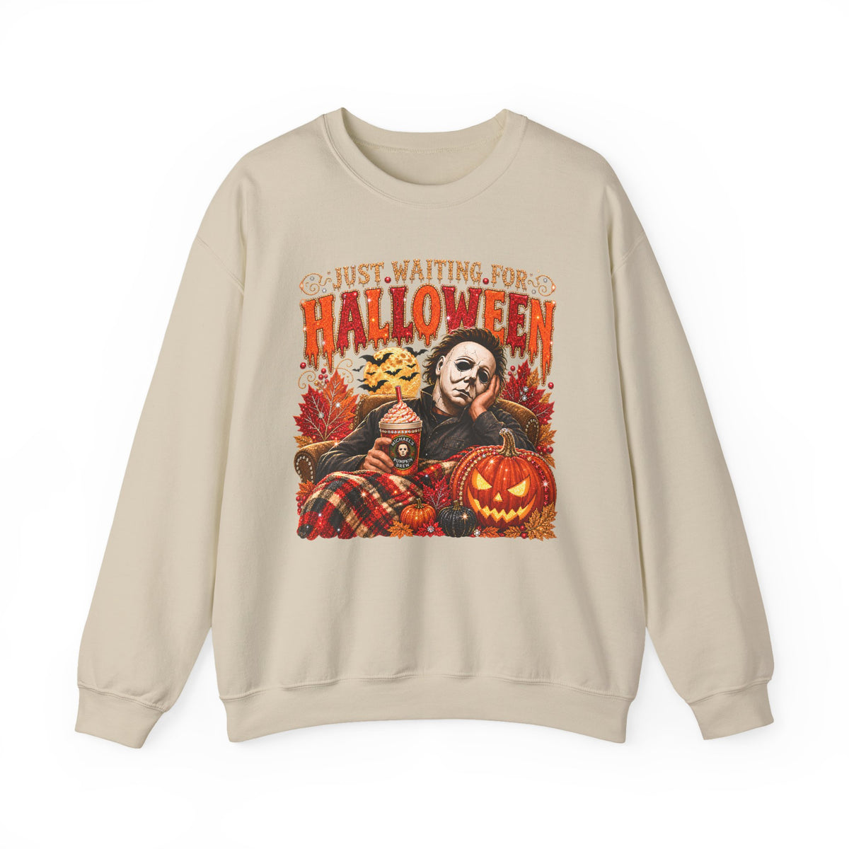 Halloween Crewneck Sweatshirt — "Just Waiting for Halloween" Horror Movie Pumpkin Design
