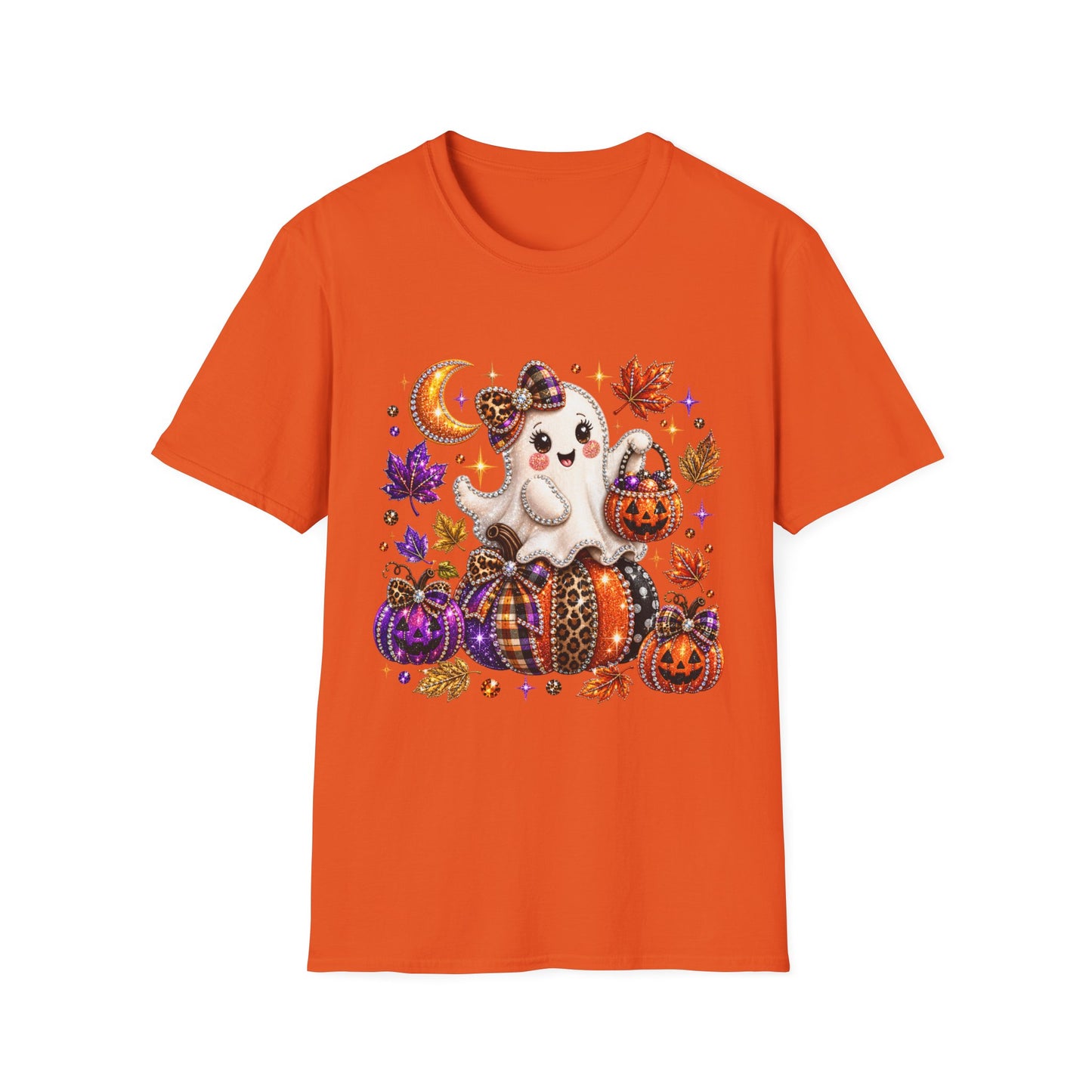 Cute Halloween Ghost T-Shirt — Trick-or-Treat Pumpkin & Autumn Leaves Tee