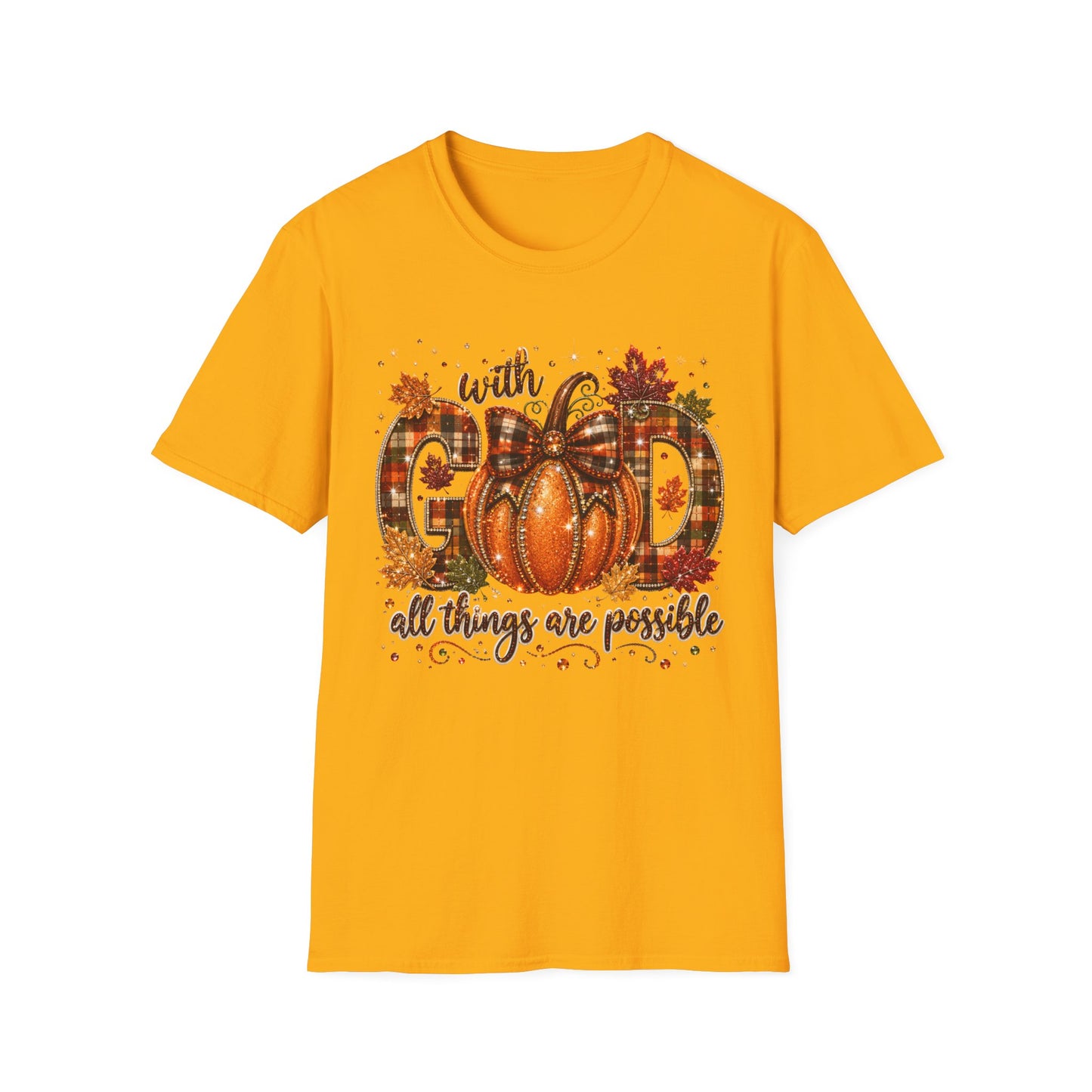 With God All Things Are Possible Pumpkin T‑Shirt — Fall Plaid Pumpkin Faith Tee