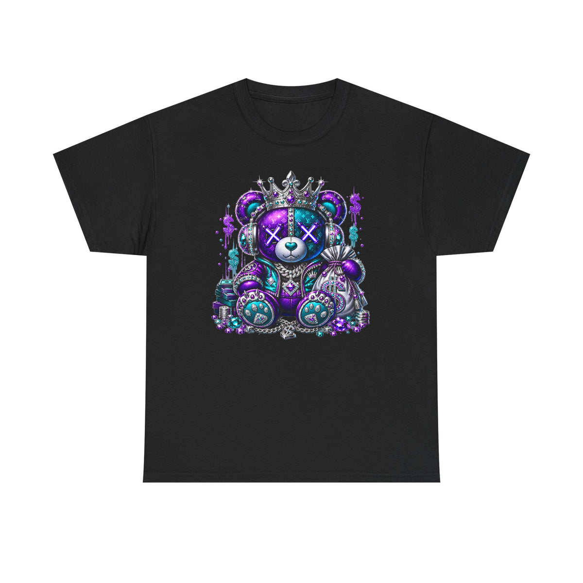 Voodoo Crown Teddy Graphic Tee — Neon Purple Streetwear Bear Shirt