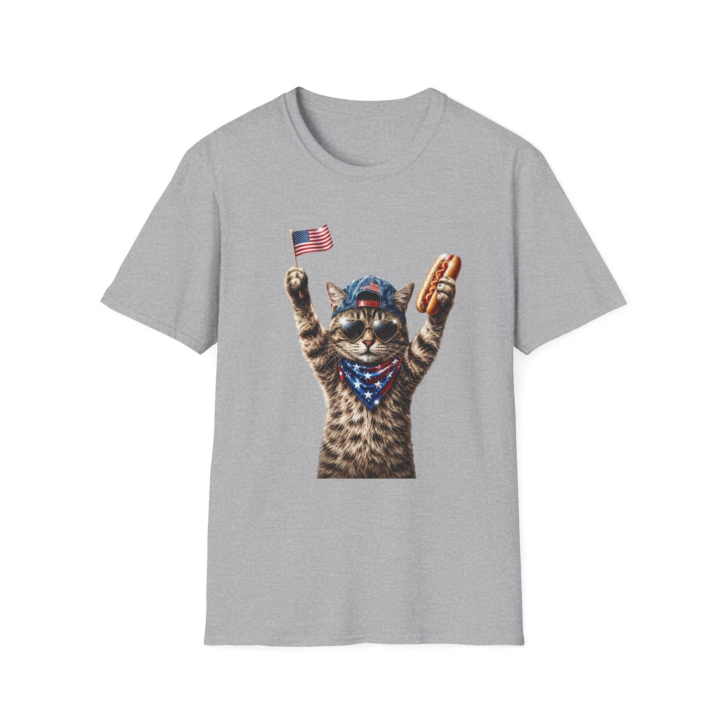 Patriotic Cat T-Shirt — Cat Waving Flag & Hot Dog Graphic