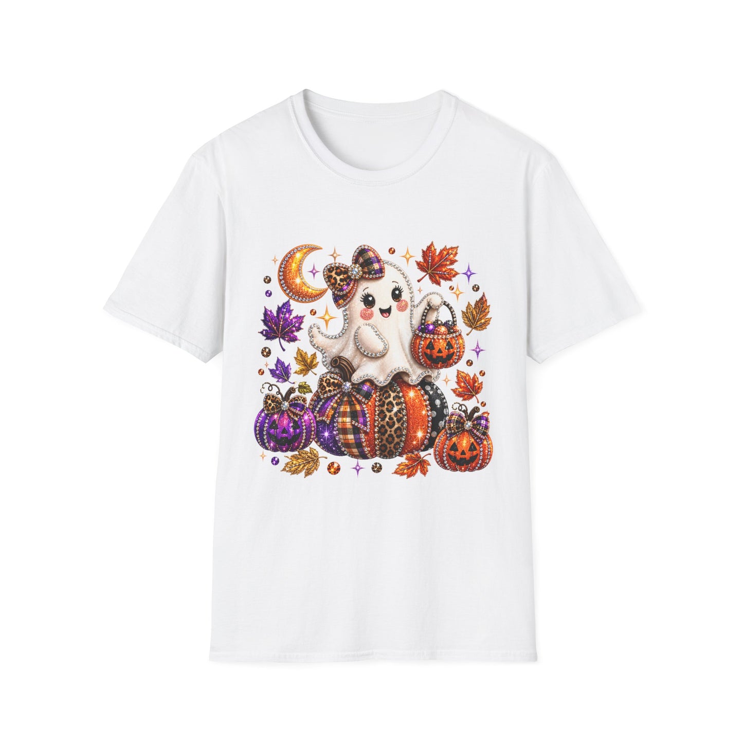 Cute Halloween Ghost T-Shirt — Trick-or-Treat Pumpkin & Autumn Leaves Tee