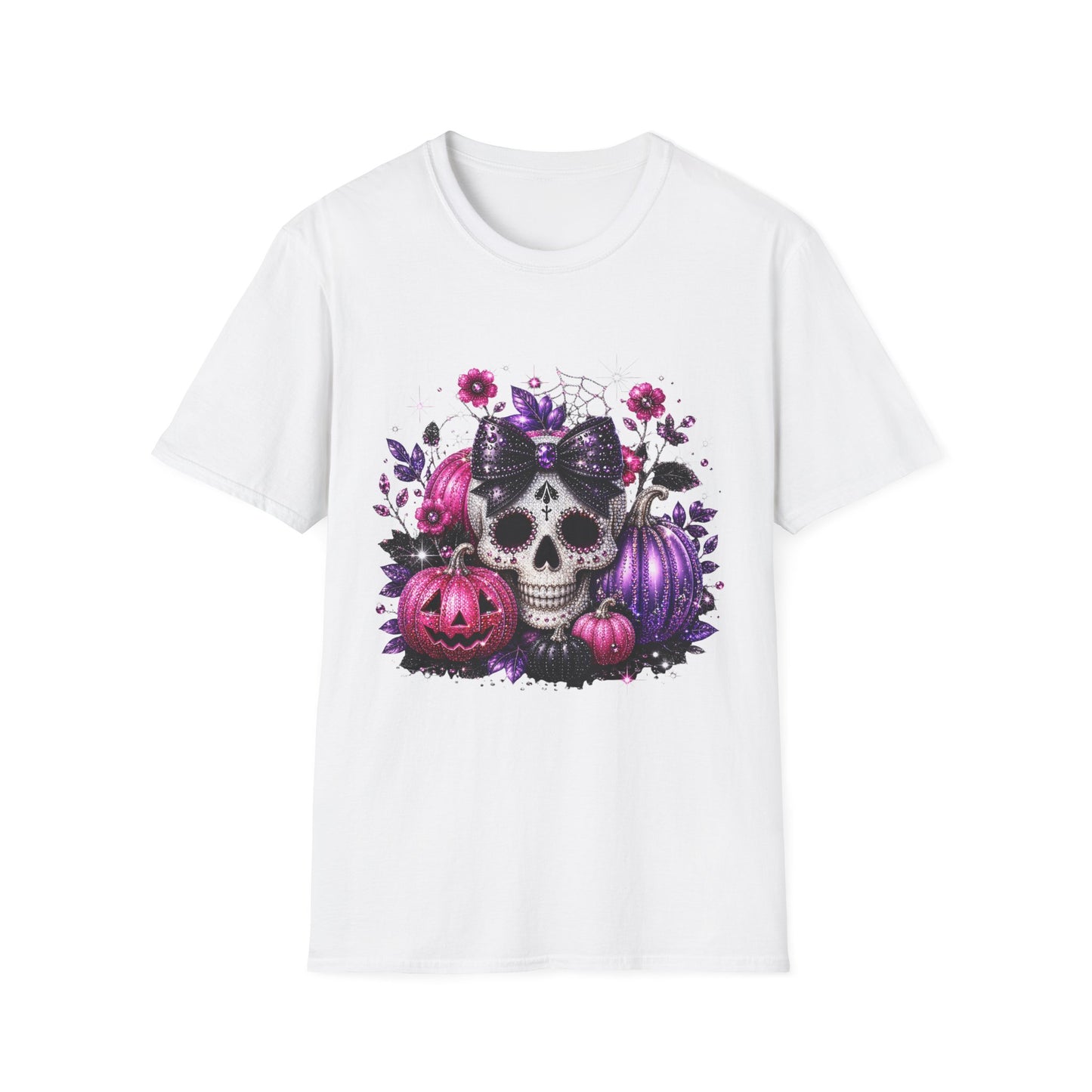 Sugar Skull Halloween T-Shirt — Pink & Purple Floral Skull with Pumpkins