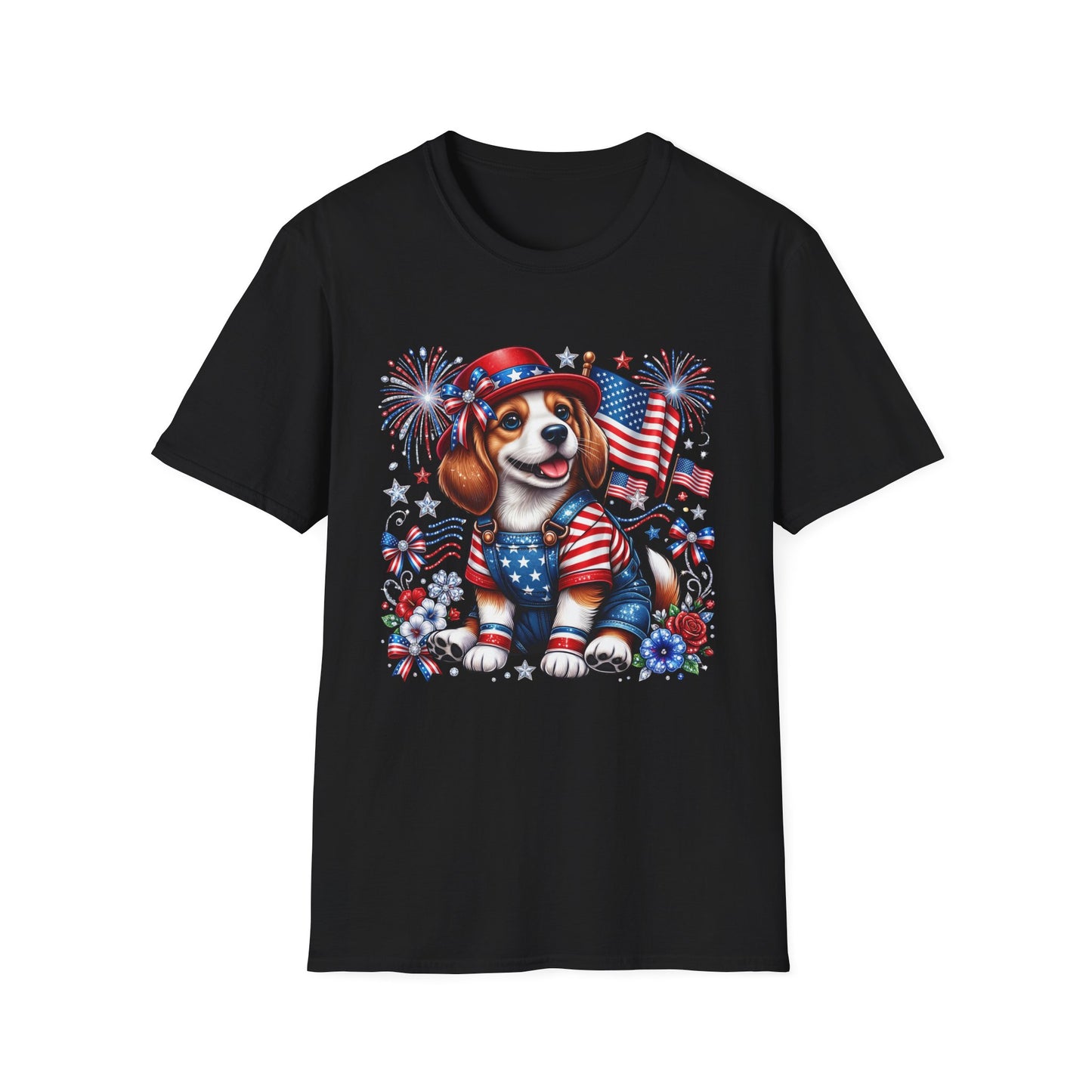 Patriotic Beagle T-Shirt — American Flag, Fireworks & Stars 4th of July Tee
