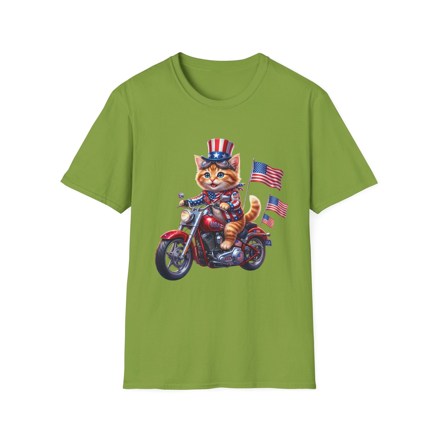 Patriotic Biker Cat T-Shirt — USA Flag Motorcycle Graphic Tee