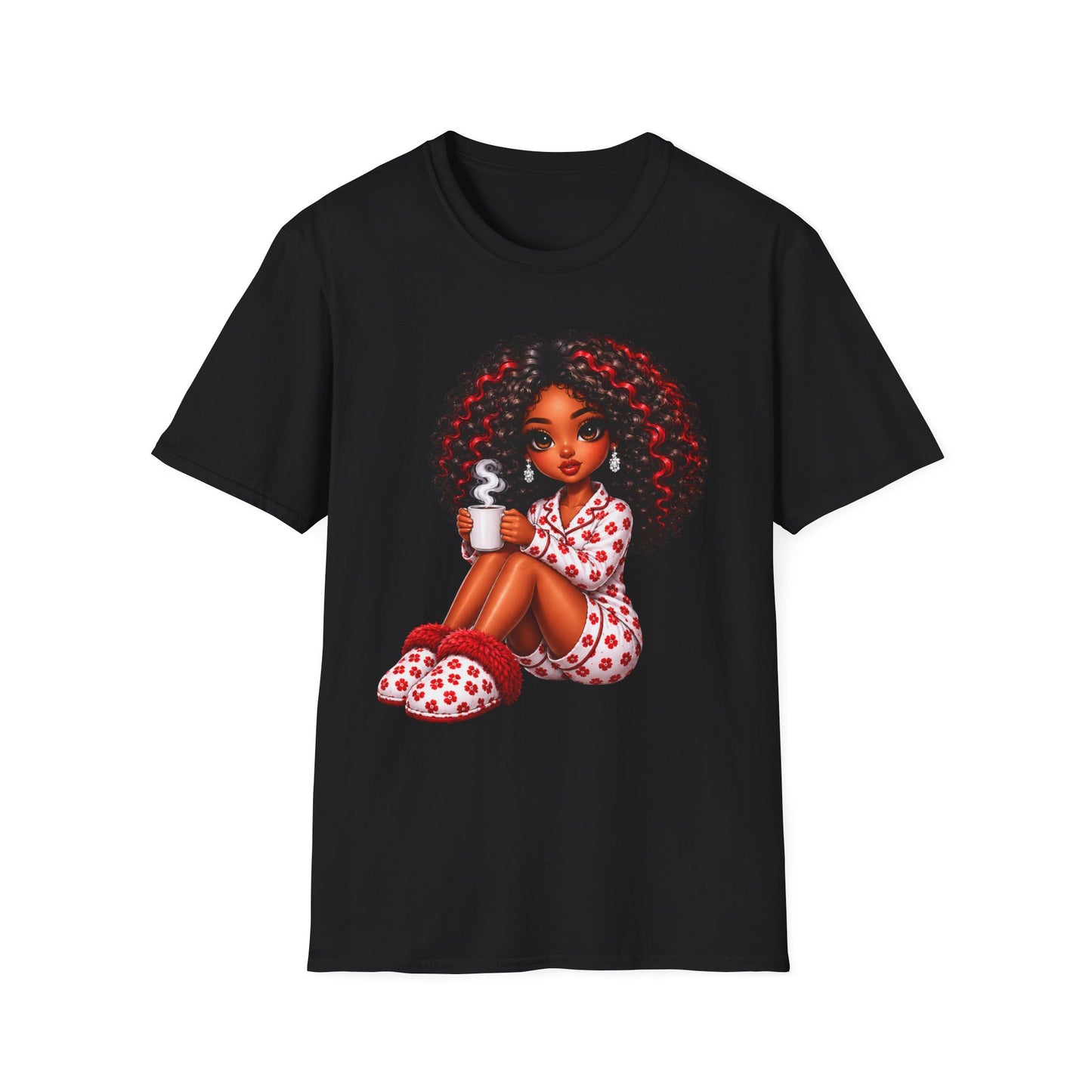 Pretty Melanin Princess Pajama Graphic Tee — Cute Coffee & Slippers Graphic T-Shirt
