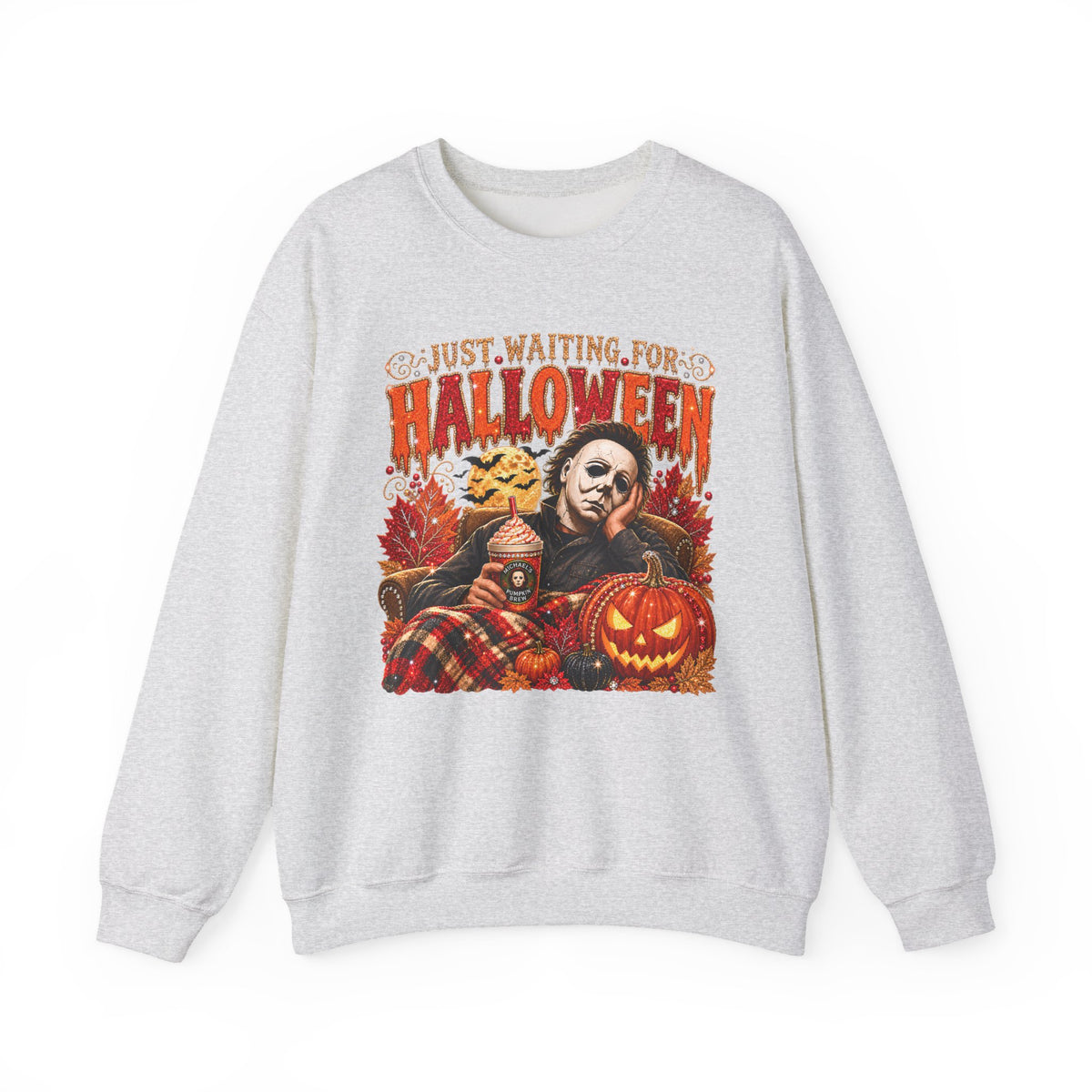 Halloween Crewneck Sweatshirt — "Just Waiting for Halloween" Horror Movie Pumpkin Design