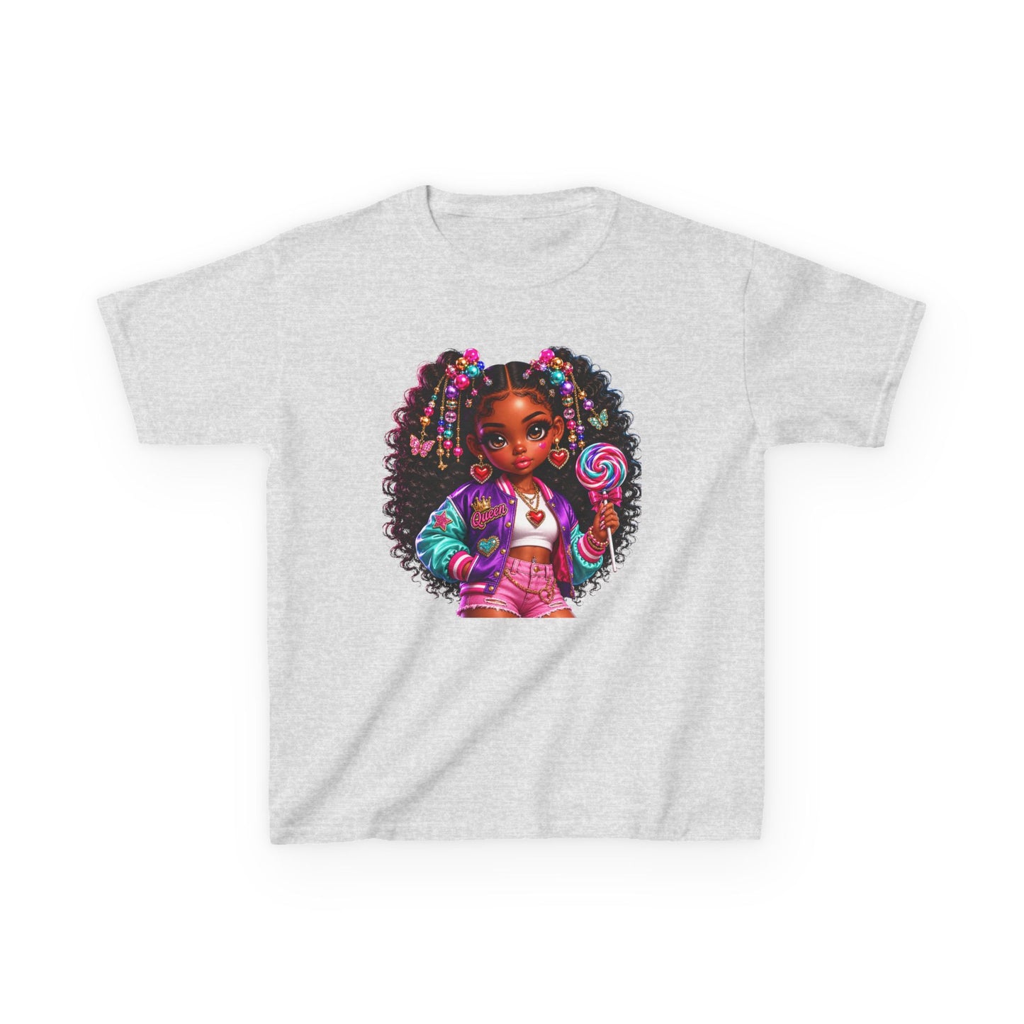 Girls' Candy Pop Graphic Tee — Cute Curly-Haired Doll with Lollipop