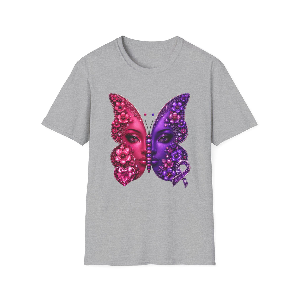 Butterfly Face T-Shirt — Purple Pink Floral Dual-Face Graphic Tee