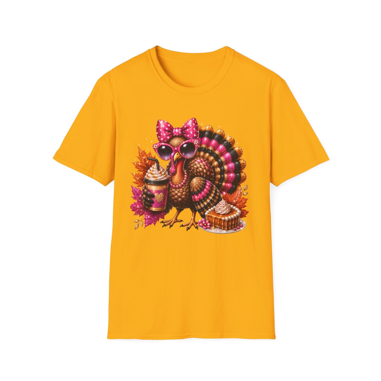 Cute Thanksgiving Turkey T-Shirt — Pink Bow, Sunglasses & Pumpkin Spice Design