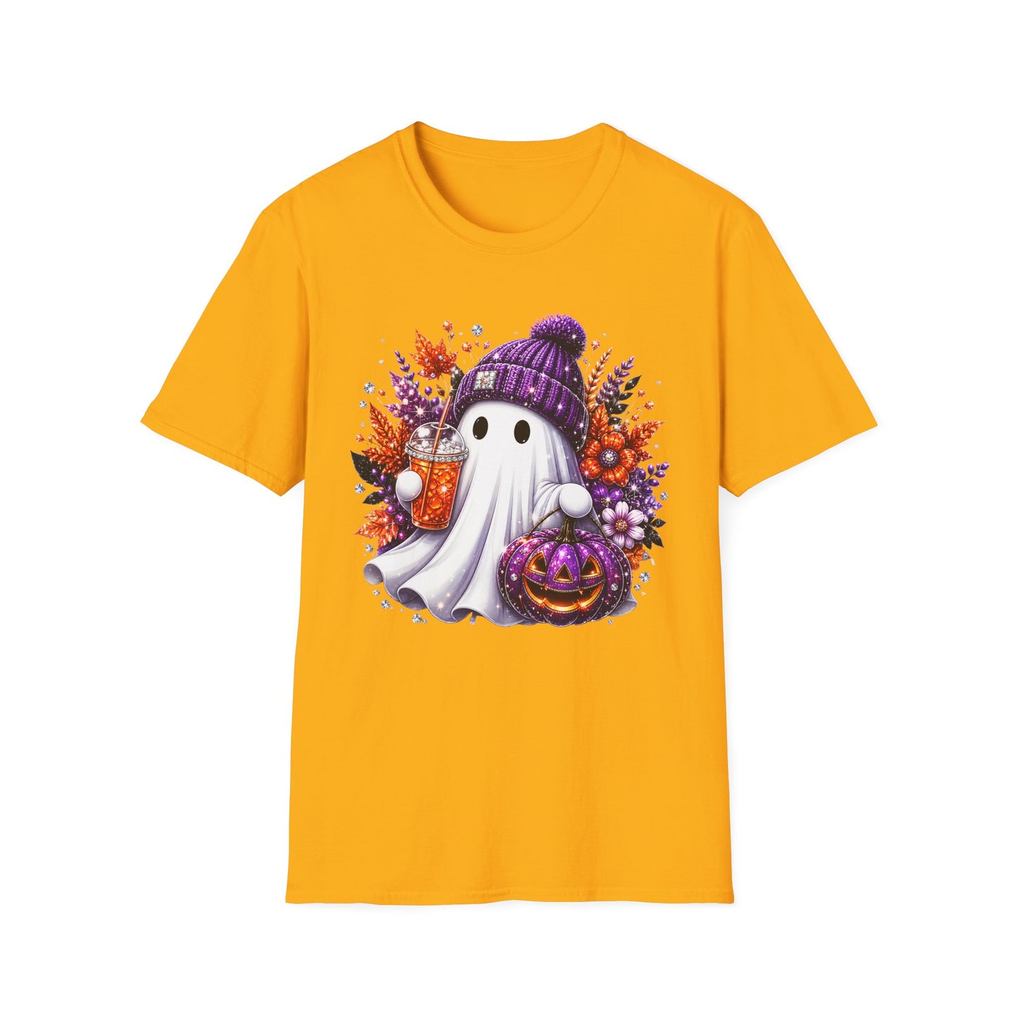 Ghost with Beanie Halloween T-Shirt – Cute Cozy Ghost Holding Pumpkin & Drink