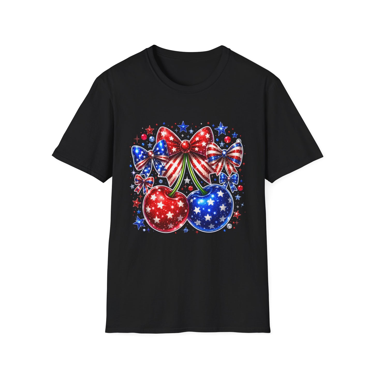 Patriotic Bow & Cherries T-Shirt — American Flag Stars Fourth of July Tee