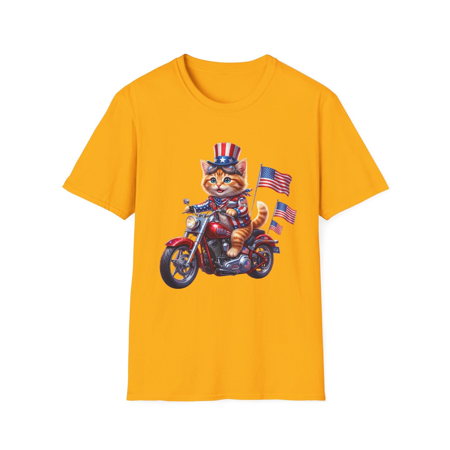 Patriotic Biker Cat T-Shirt — USA Flag Motorcycle Graphic Tee