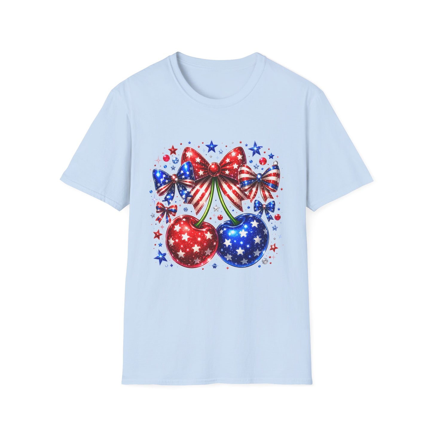 Patriotic Bow & Cherries T-Shirt — American Flag Stars Fourth of July Tee